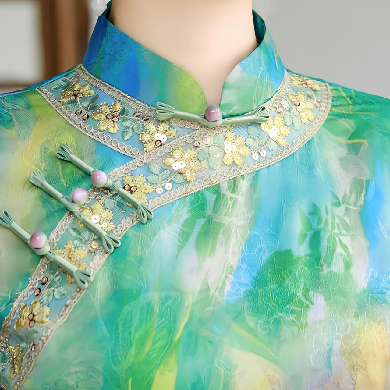 Qipao Jacquard,Vestido Cheongsam,Vestido Étnico Bordado, Maxi Qipao Artístico Azul Verde,Vestido Formal Tradicional Asiático,Vestido de Lujo