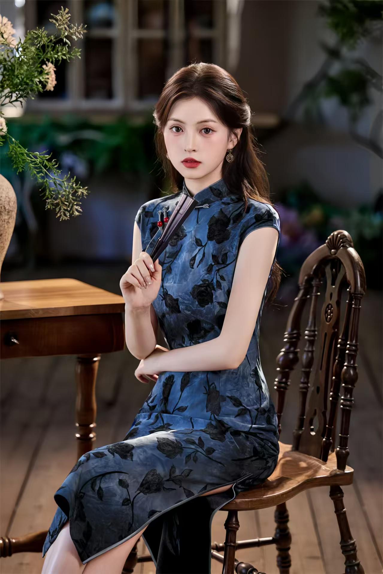Vestido Qipao Chino Vintage, Maxi Cheongsam Floral Tie Dye,Noche con Cuello Mandarín Retro,Elegante Fiesta Estilo Asiático,Largo Tradicional