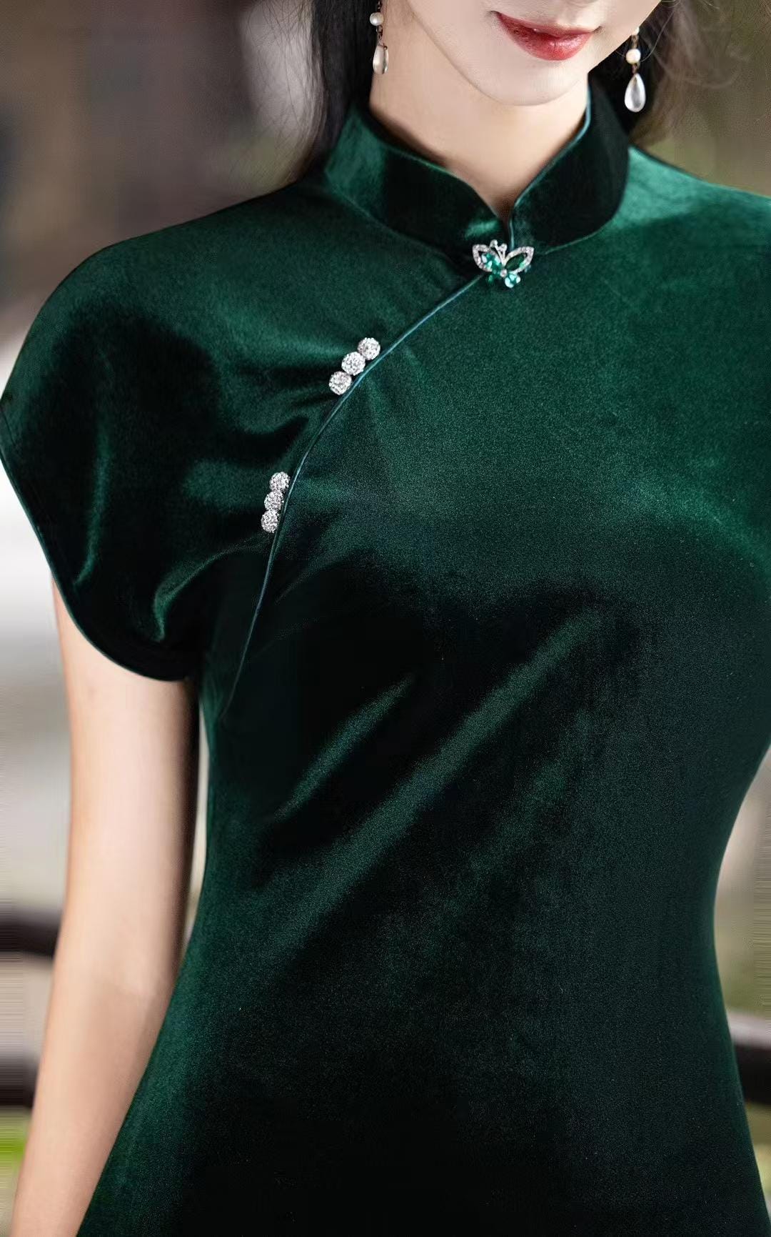 Vestido Qipao Terciopelo Verde, Elegante Vestido Cheongsam Midi, Lujoso Oriental, Minimalista Estilo Chino, Conjunto Fiesta Otoño Invierno