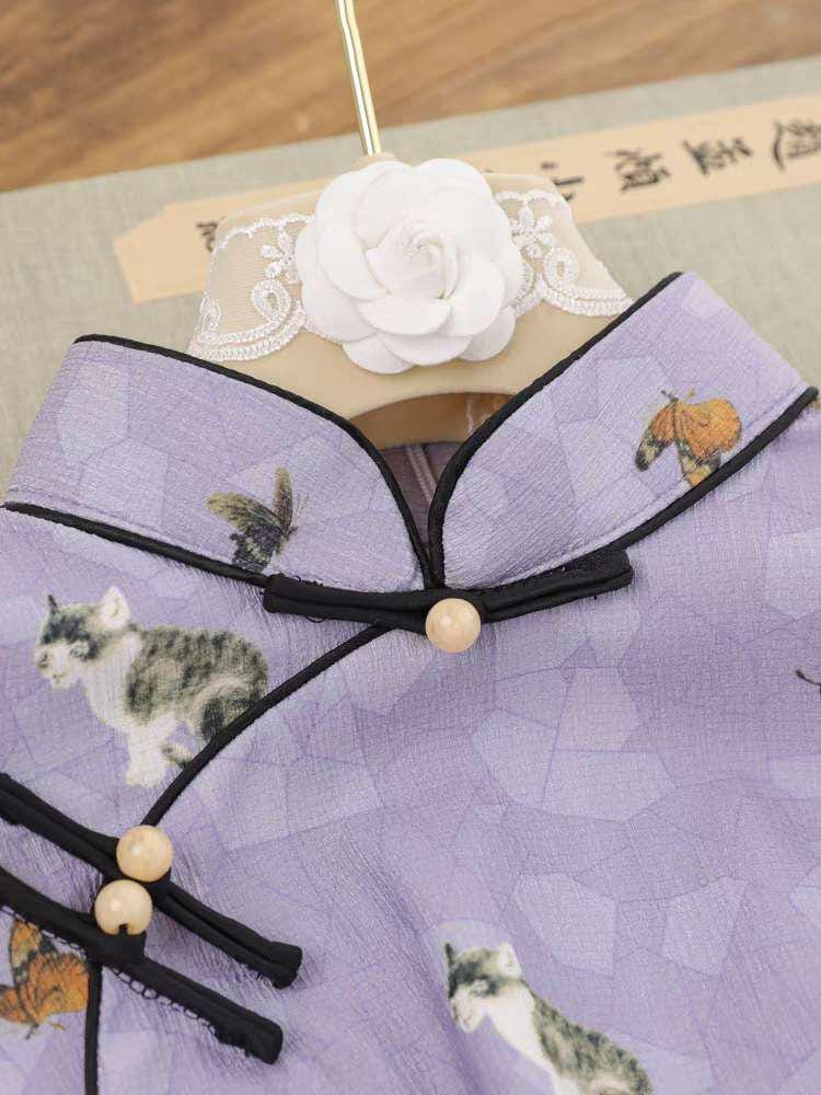 Cheongsam de Gato Morado, Qipao Chino Vintage, Regalo para Ella, Vestido de Té, Vestido Asiático Artístico, Qipao Elegante y Divertido
