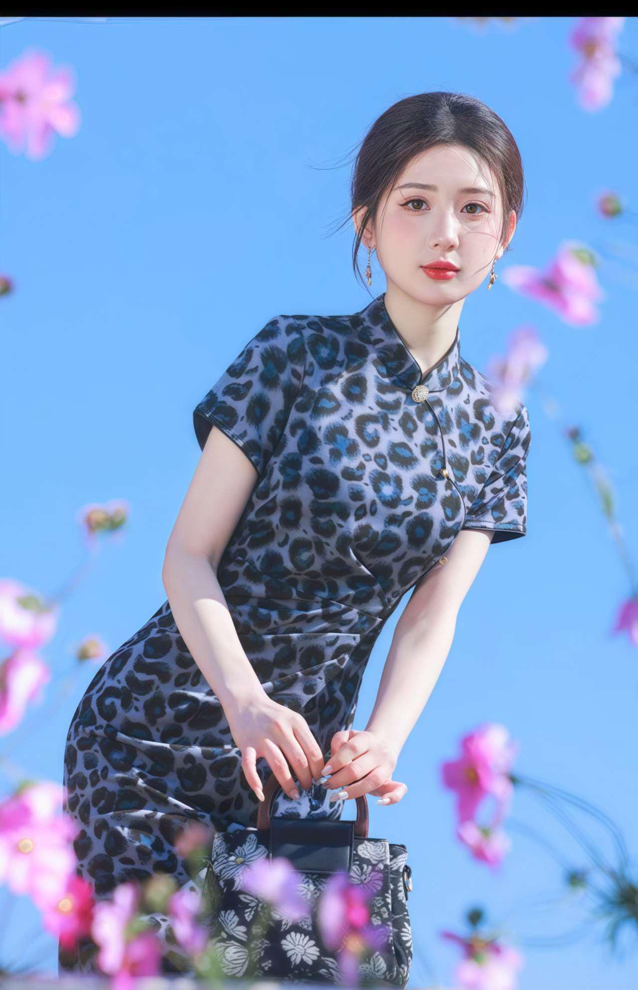 Qipao estampado leopardo, vestido cheongsam azul,vestido de punto qipao,vestido oriental atrevido,vestido mandarín sexy,vestido asiático Y2K
