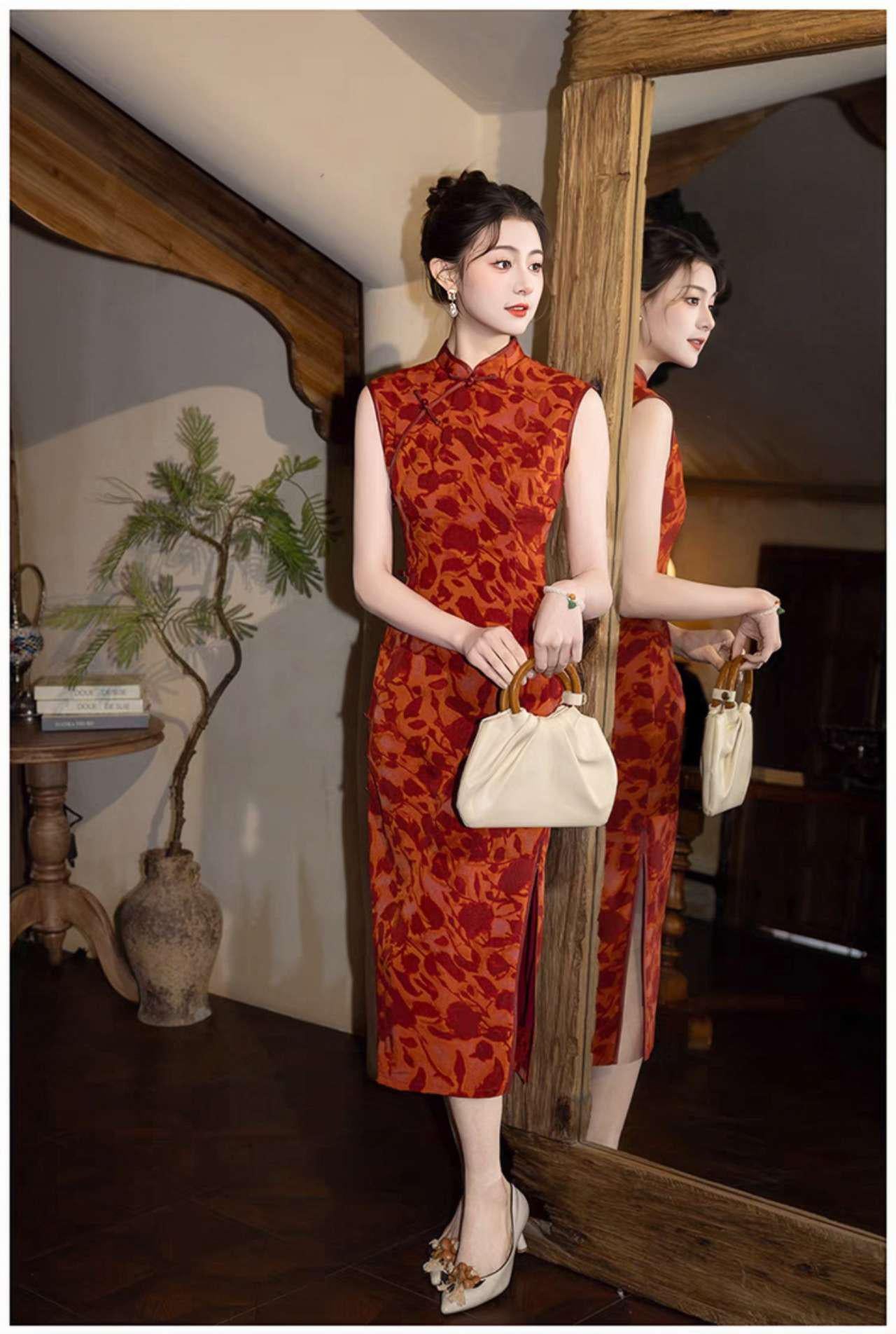 Qipao Floral Rojo, Vestido Chino Retro, Cheongsam Vintage, Traje de Boda, Elegante Moda Asiática, Vestido para Té o Gala, regalo para ella