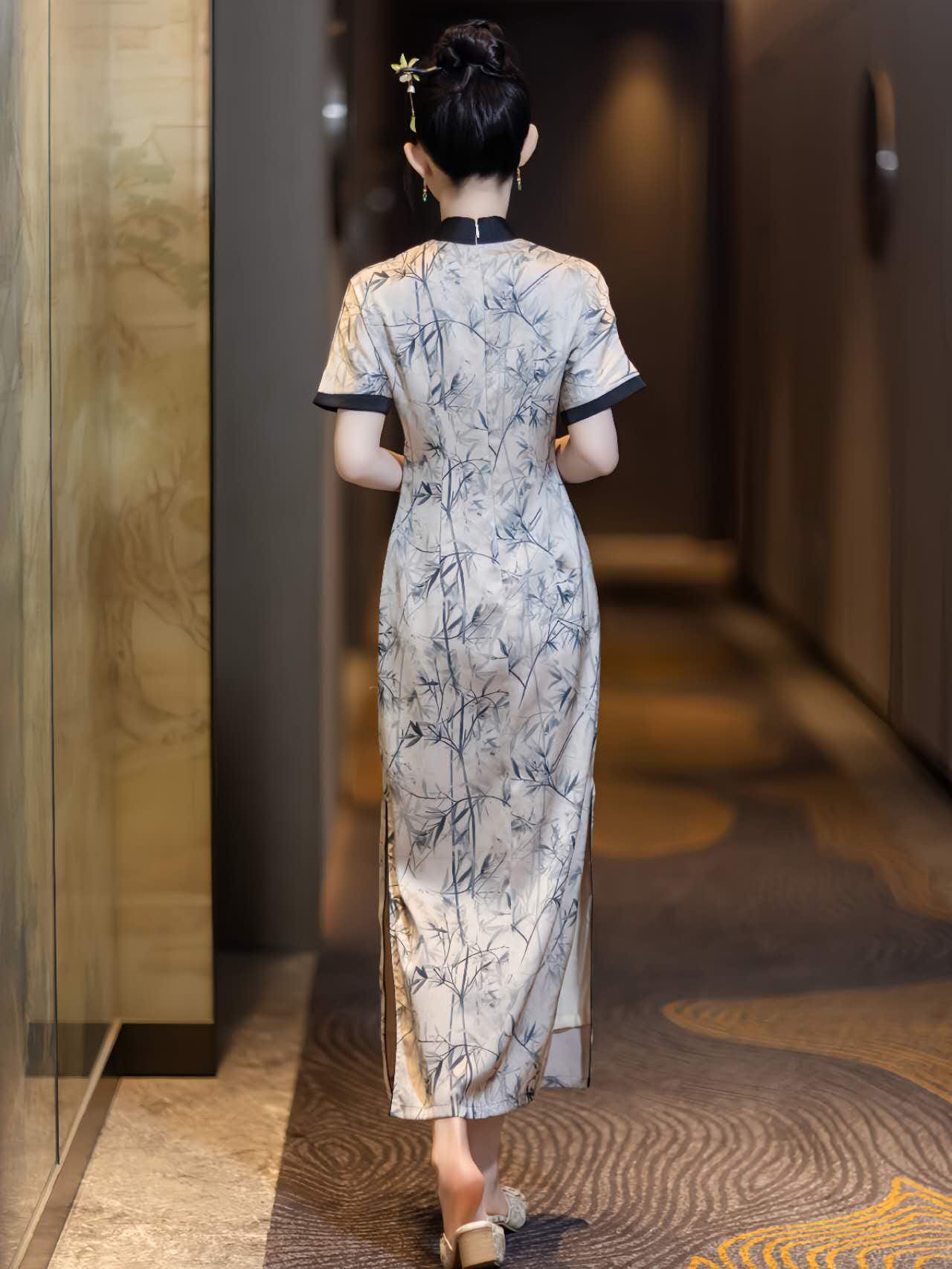 Cheongsam blanco de bambú,Qipao floral de bambú,Vestido estilo acuarela, Traje formal asiático, Vestido retro chino,Vestido Vintage para Té