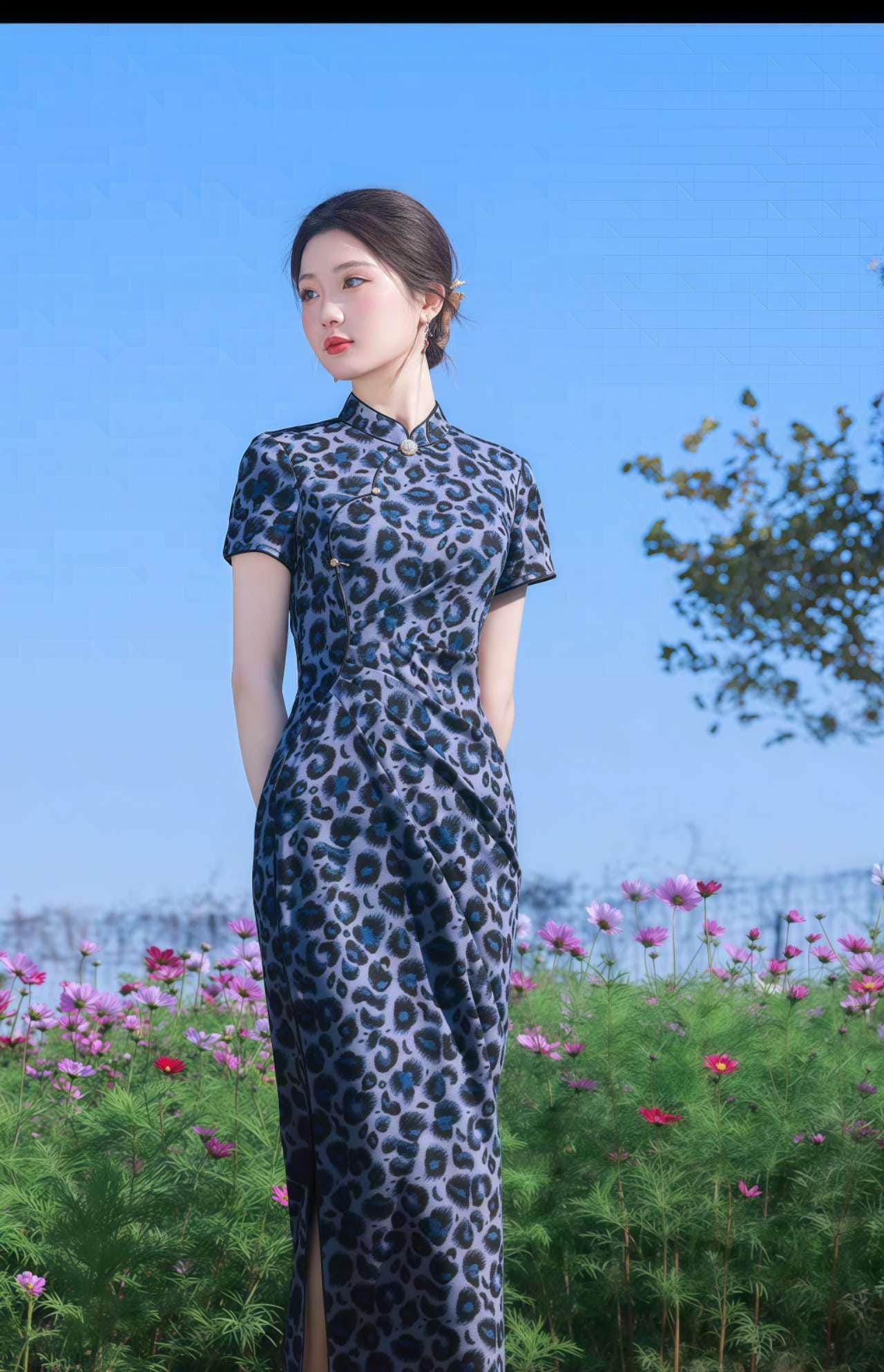 Qipao estampado leopardo, vestido cheongsam azul,vestido de punto qipao,vestido oriental atrevido,vestido mandarín sexy,vestido asiático Y2K