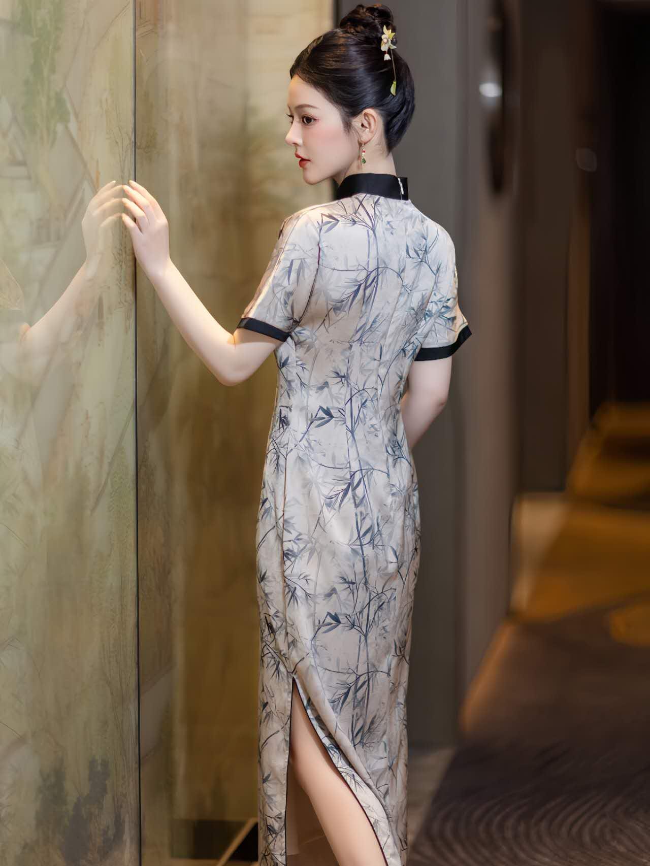 Cheongsam blanco de bambú,Qipao floral de bambú,Vestido estilo acuarela, Traje formal asiático, Vestido retro chino,Vestido Vintage para Té