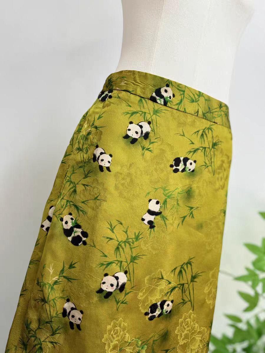 Falda con estampado de panda, Falda midi de satén chino, Falda recta con abertura, Falda estilo Qipao de inspiración vintage, falda midi