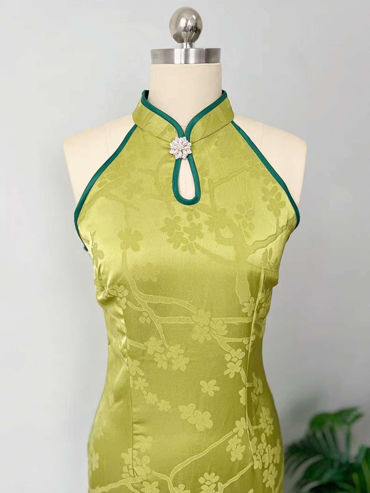 Qipao Verde Halter, Vestido de Brocado Floral Cheongsam, Vestido Chino de Verano, Traje de Invitada de Boda,Vestido Vintage Elegante para Té
