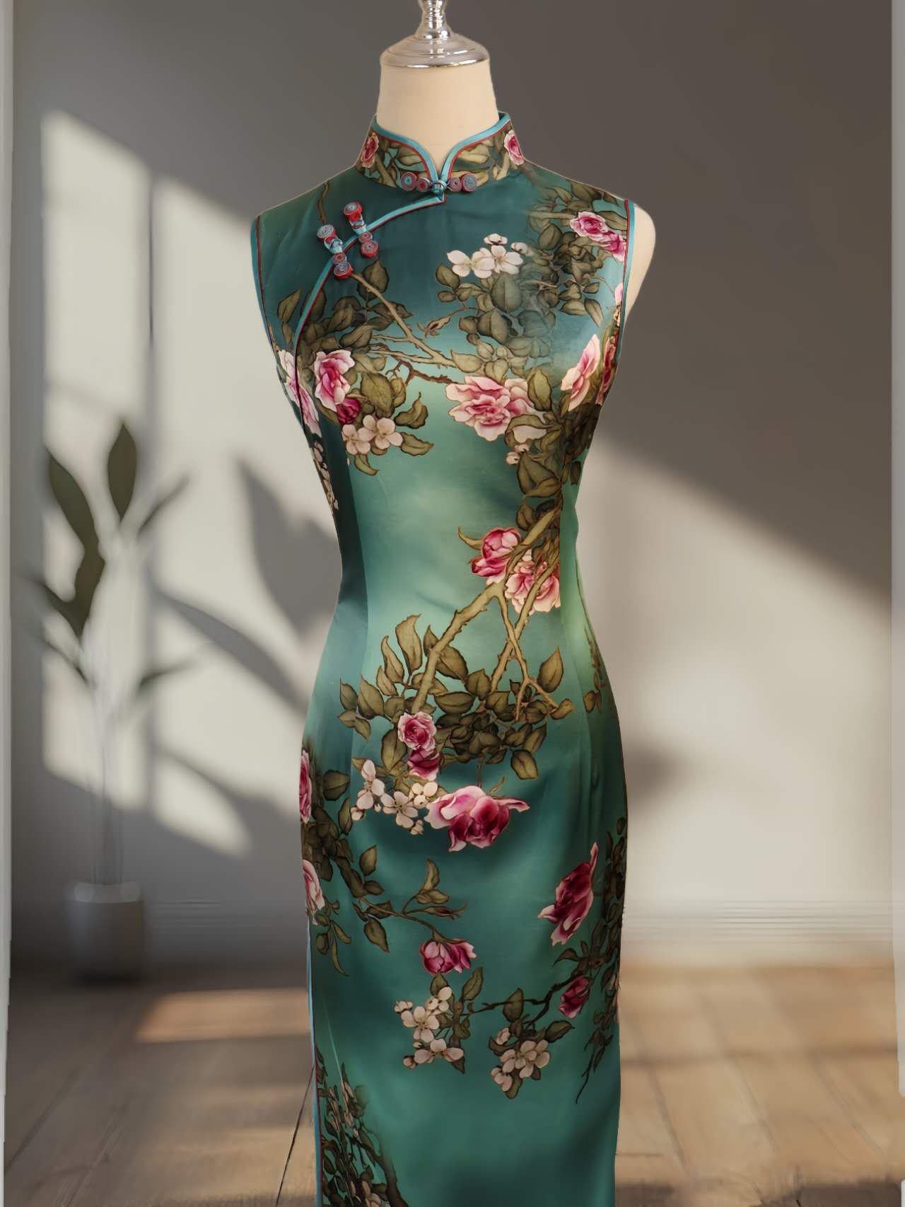 Elegante Vestido Cheongsam de Seda Lujo Verde, Vestido Chino Tradicional Floral para Ceremonia de Té, Regalo Perfecto para Ella