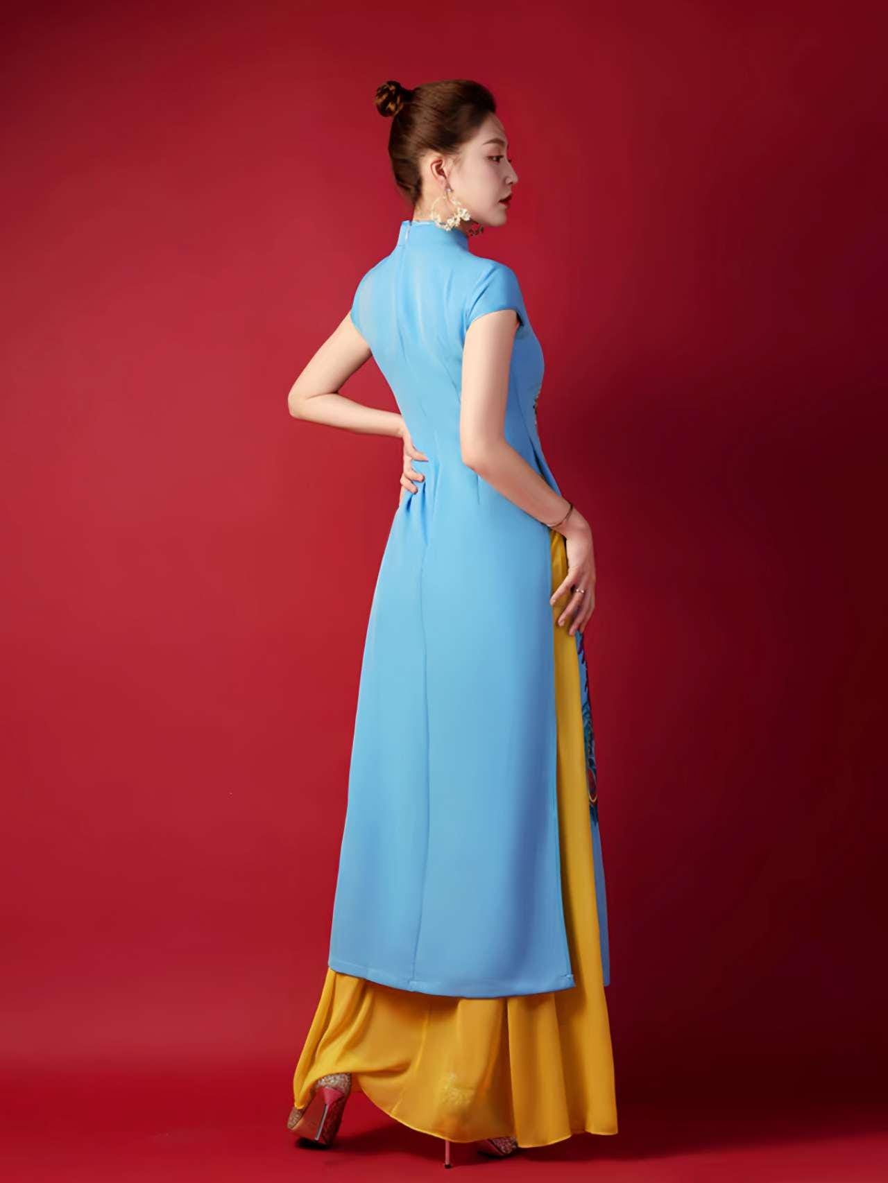 Vestido Ao Dai Qipao, Vestido Cheongsam Oriental, Vestido Bordado Pavo Real, Vestido de Noche Vintage Asiático, Vestido Estilo Vietnamita