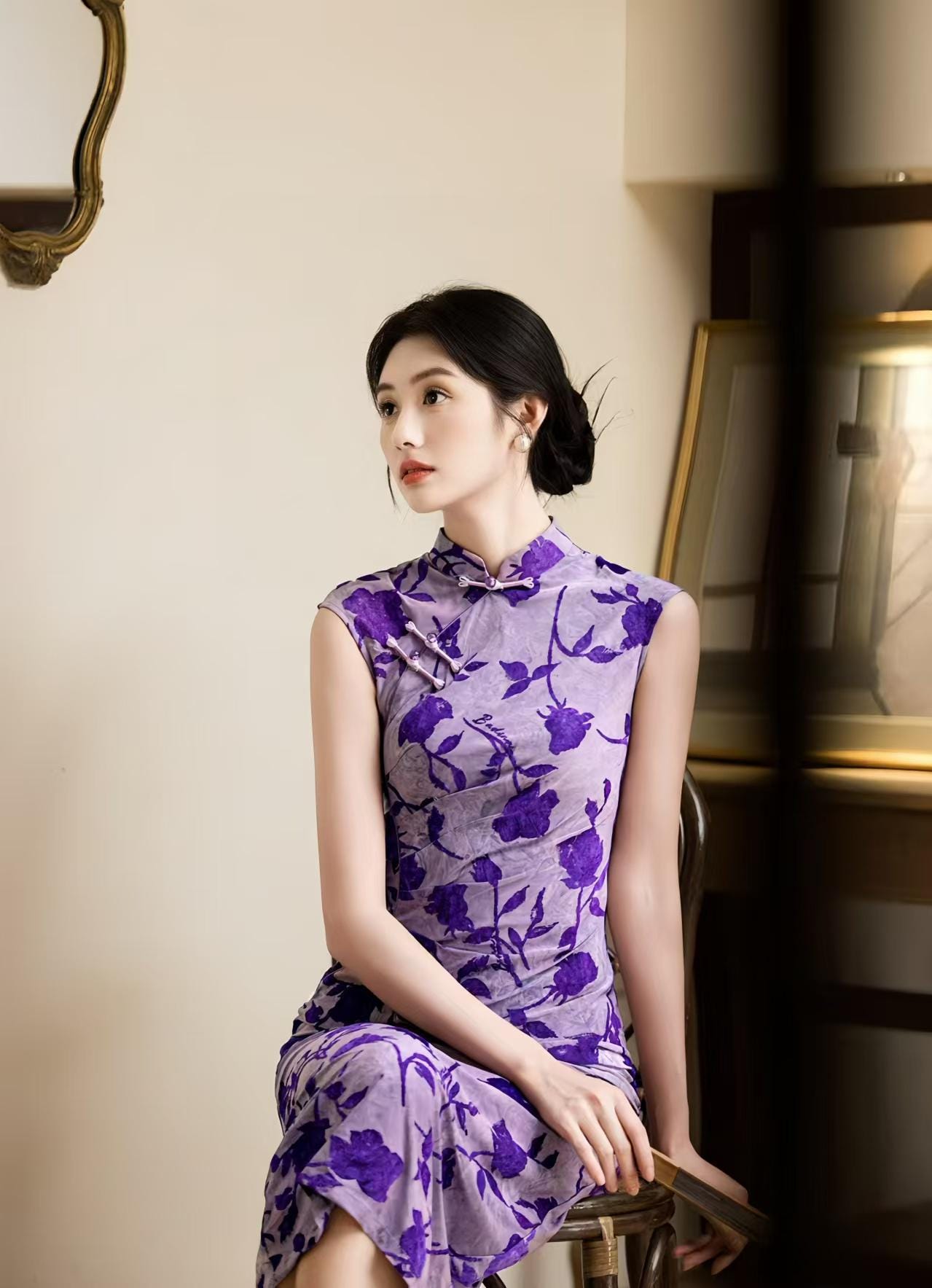 Vestido Cheongsam Floral Púrpura, Elegante Qipao Chino, Midi Oriental Vintage, Repleto, Traje Formal Cultural, Noche Estilo Retro Asiático
