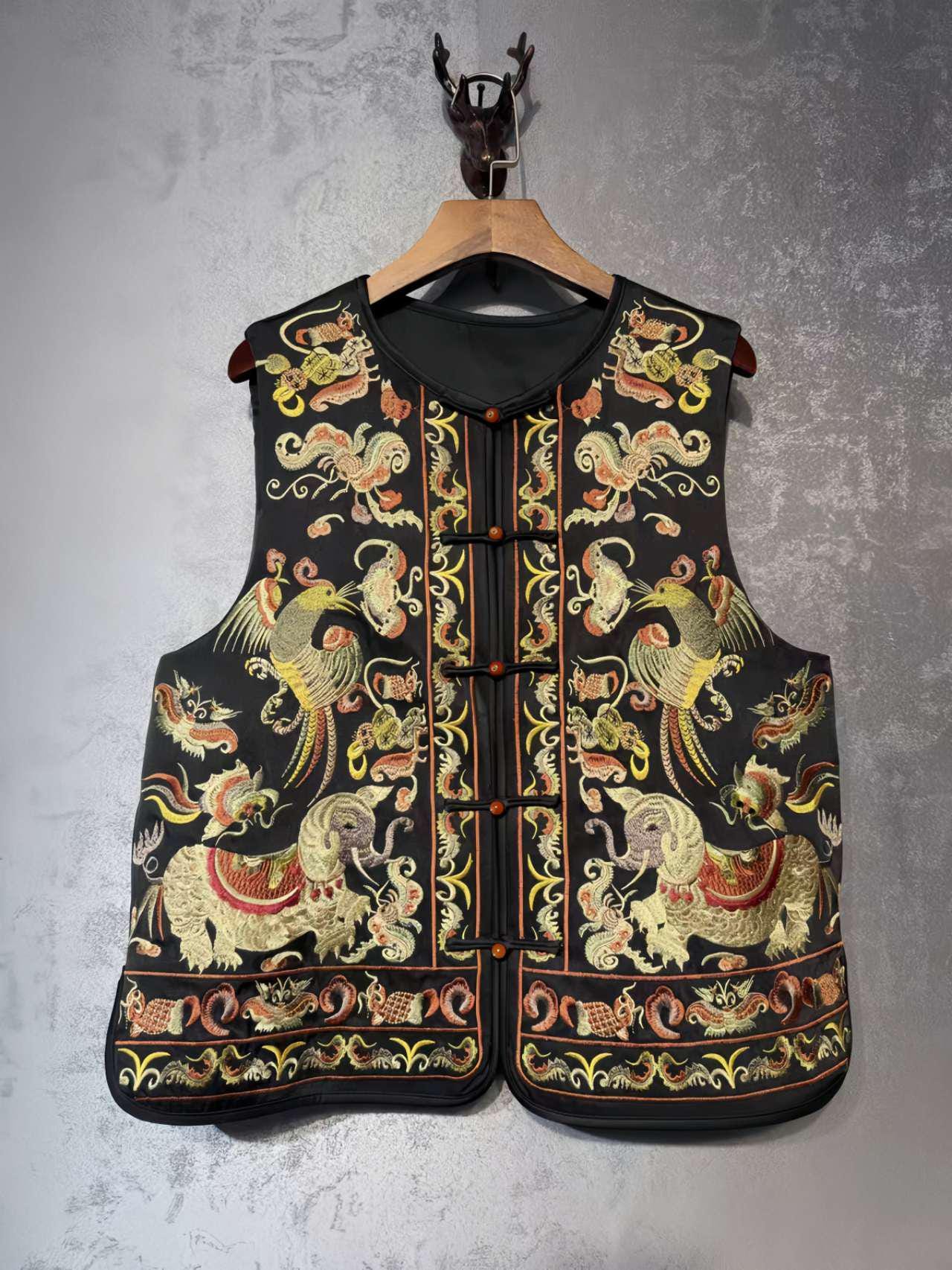 Chaleco Vintage Chino con Bordado Artesanal, Chaleco Estilo Hanfu con Flores y Aves, Regalo Único para Ella, Trabajo diario/Ceremonia del té