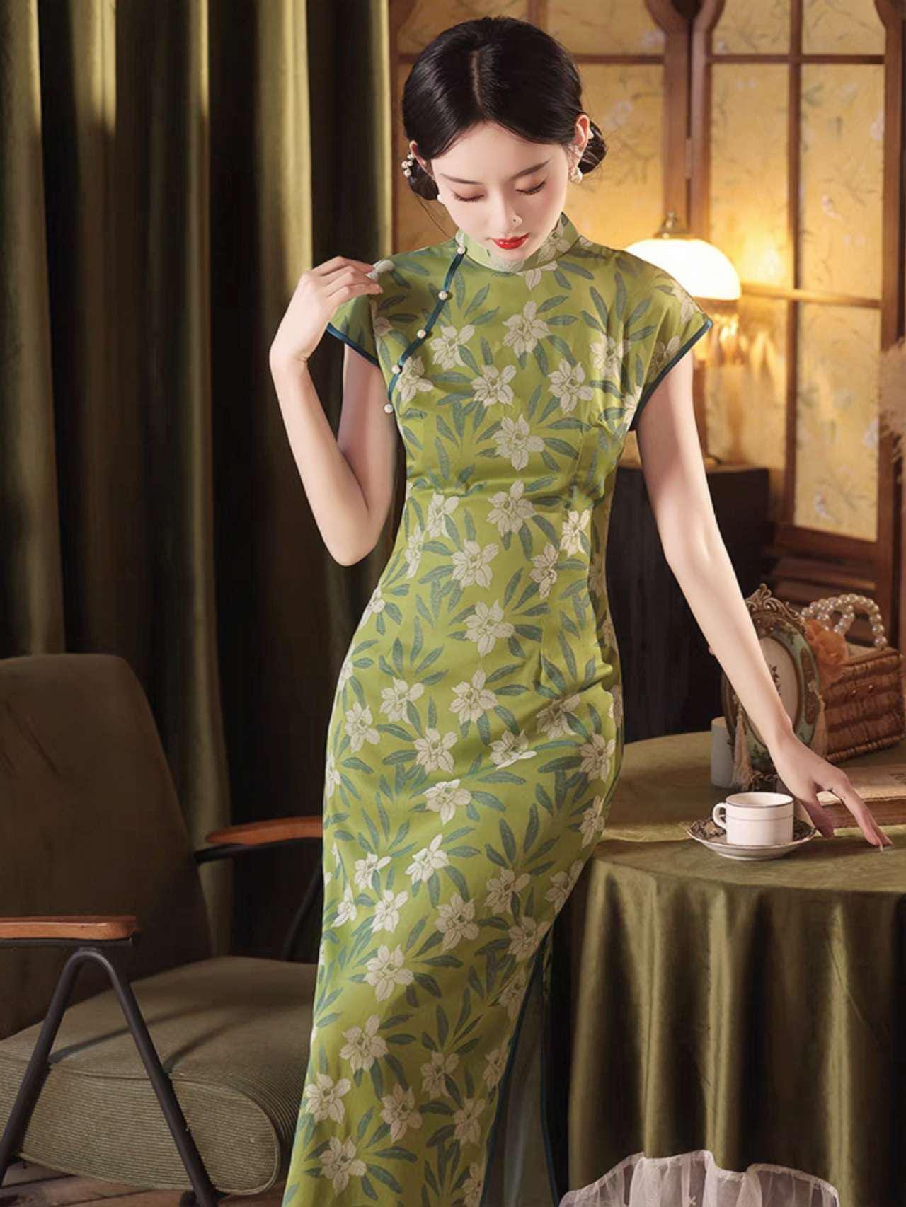 Vestido Qipao Brocado Floral, Cheongsam Chino Verde, Elegante Vestido, Vestido de Té Retro, Qipao Primavera Verano, Qipao Invitada de Boda