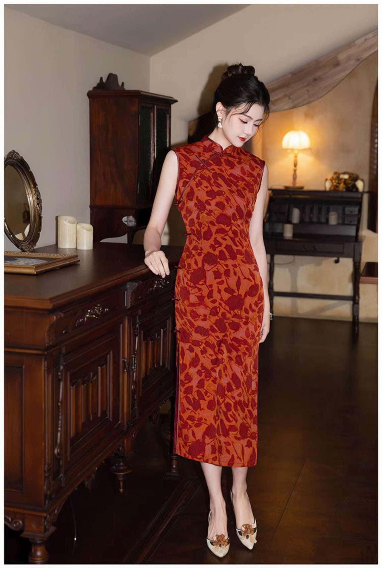 Qipao Floral Rojo, Vestido Chino Retro, Cheongsam Vintage, Traje de Boda, Elegante Moda Asiática, Vestido para Té o Gala, regalo para ella