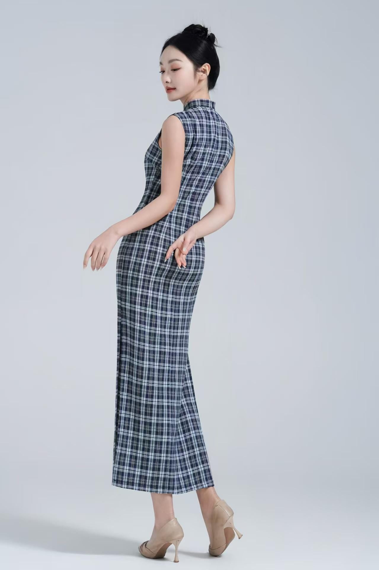 Plaid Cotton Qipao Dress, Striped Cheongsam Long Dress, Summer Chinese Casual Dress, Oriental Vintage Set, Tang Dress