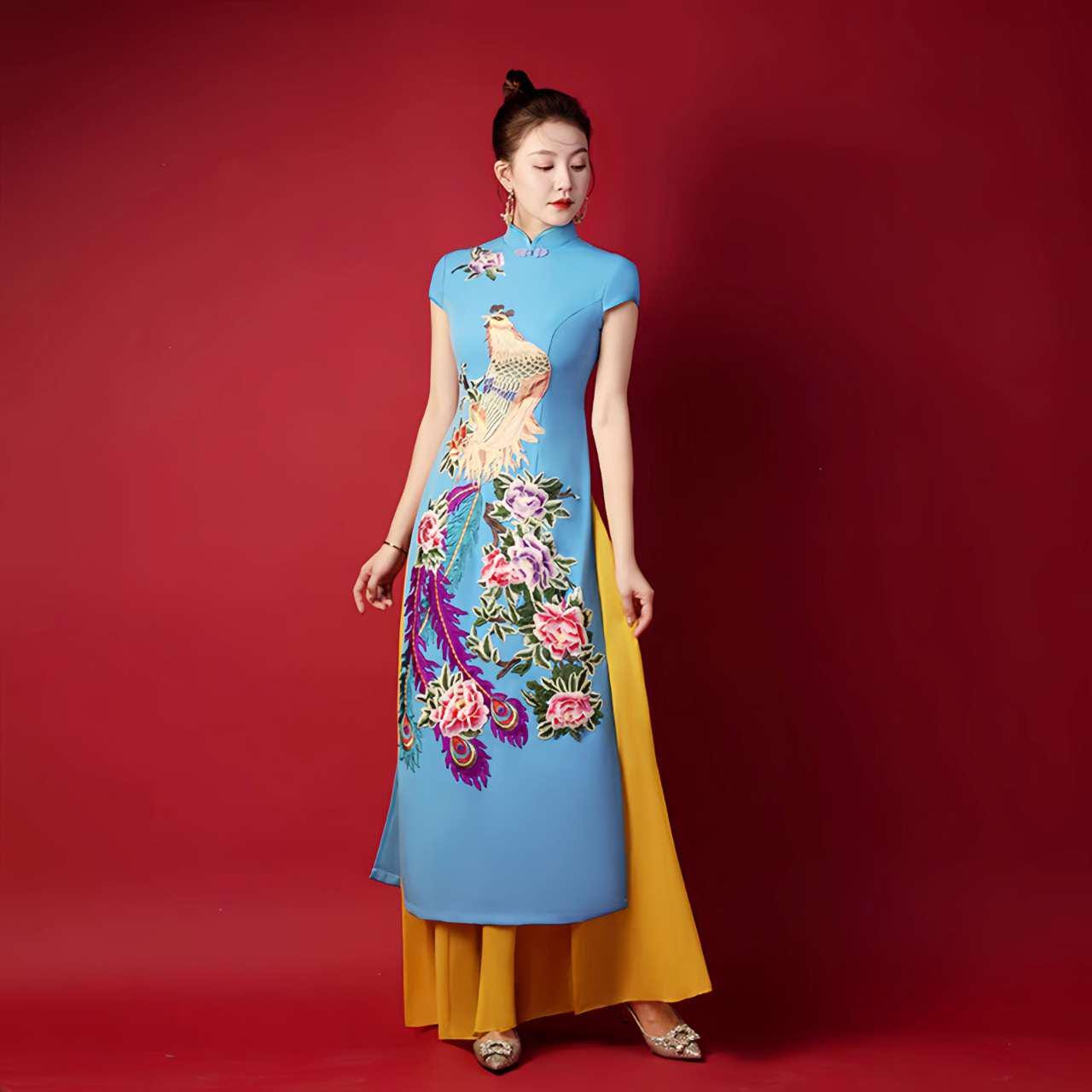 Vestido Ao Dai Qipao, Vestido Cheongsam Oriental, Vestido Bordado Pavo Real, Vestido de Noche Vintage Asiático, Vestido Estilo Vietnamita