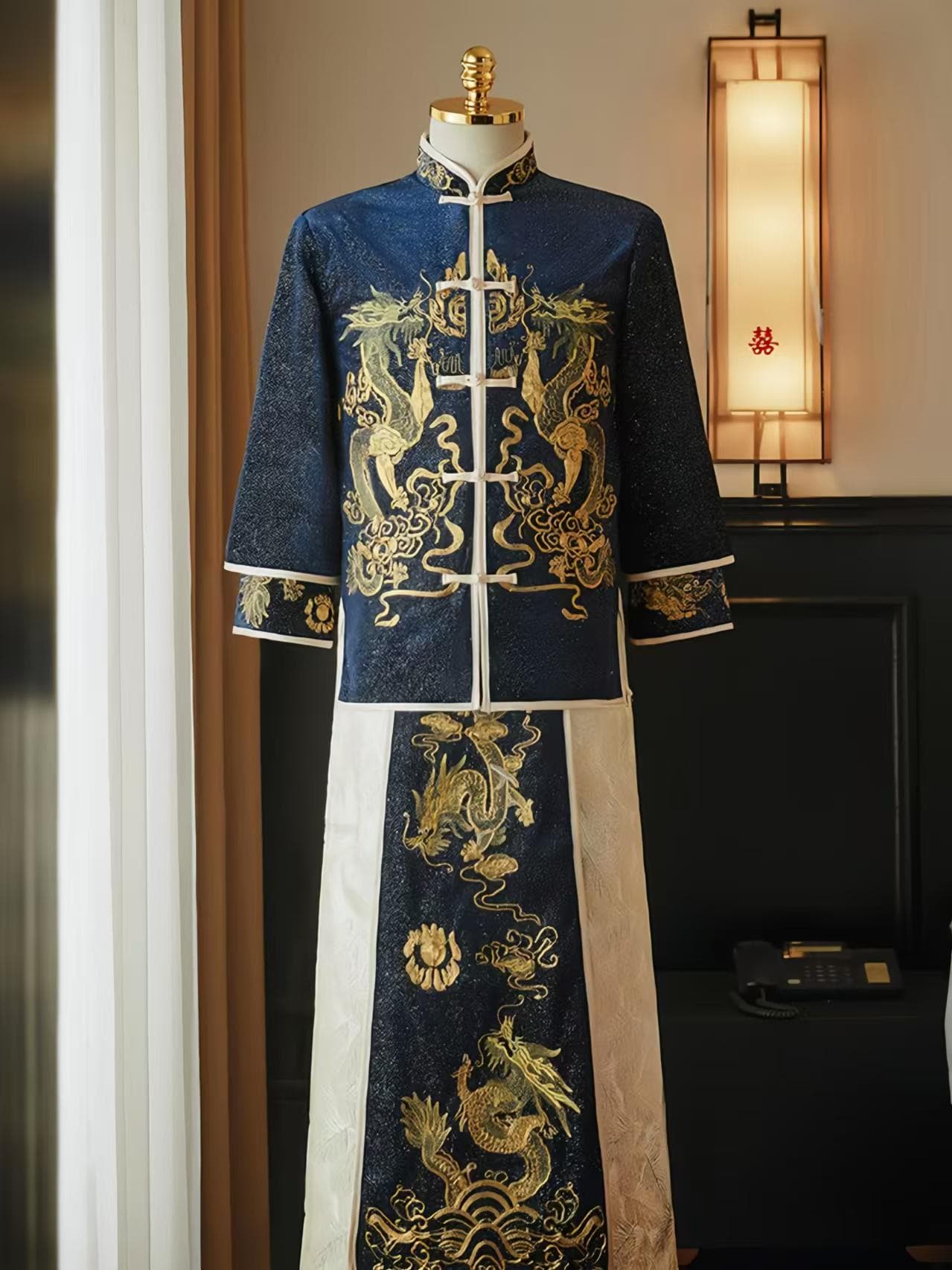Traje de Novio Boda China, Bata Bordada Dragón Fénix, Chaqueta Tang,Traje Tradicional Hanfu,Ceremonia de Té de Boda,Look de Compromiso Chino