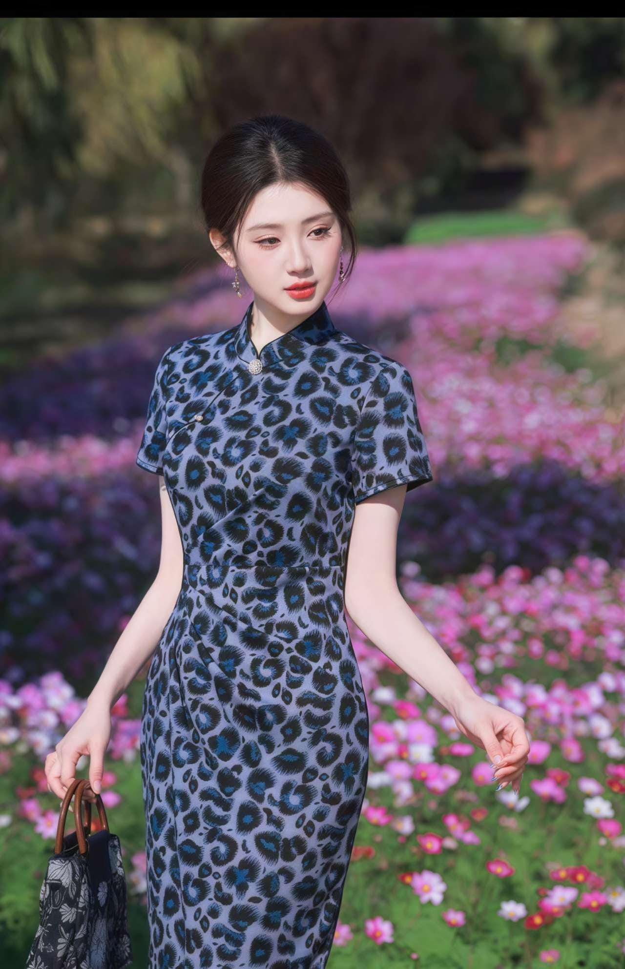Qipao estampado leopardo, vestido cheongsam azul,vestido de punto qipao,vestido oriental atrevido,vestido mandarín sexy,vestido asiático Y2K