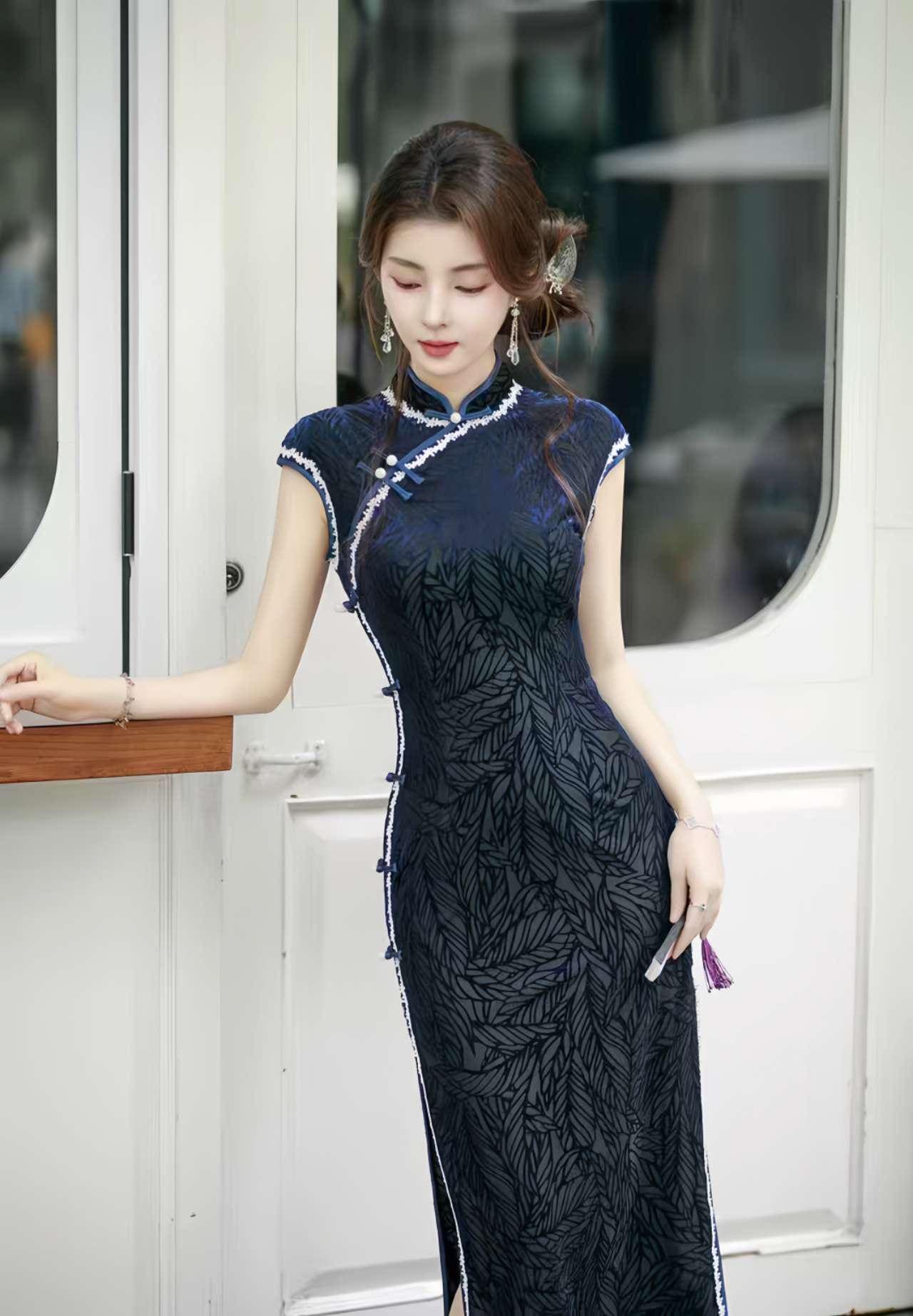 Vestido Qipao Hoja de Terciopelo, Cheongsam Chino Azul Oscuro, Vestido Oriental Vintage, Elegante Qipao de Fiesta, Qipao Retro Clásico