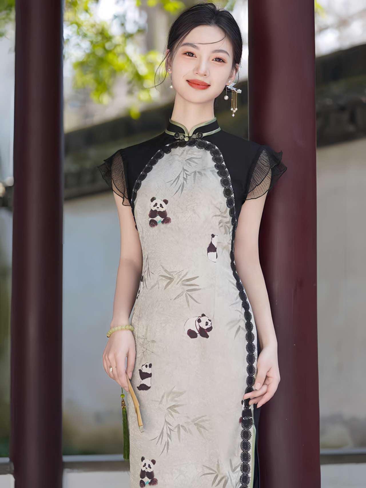 Elegante vestido de panda, Vestido de verano de estilo asiático, Qipao de manga fluida, Qipao con estampado de animales, regalo para ella