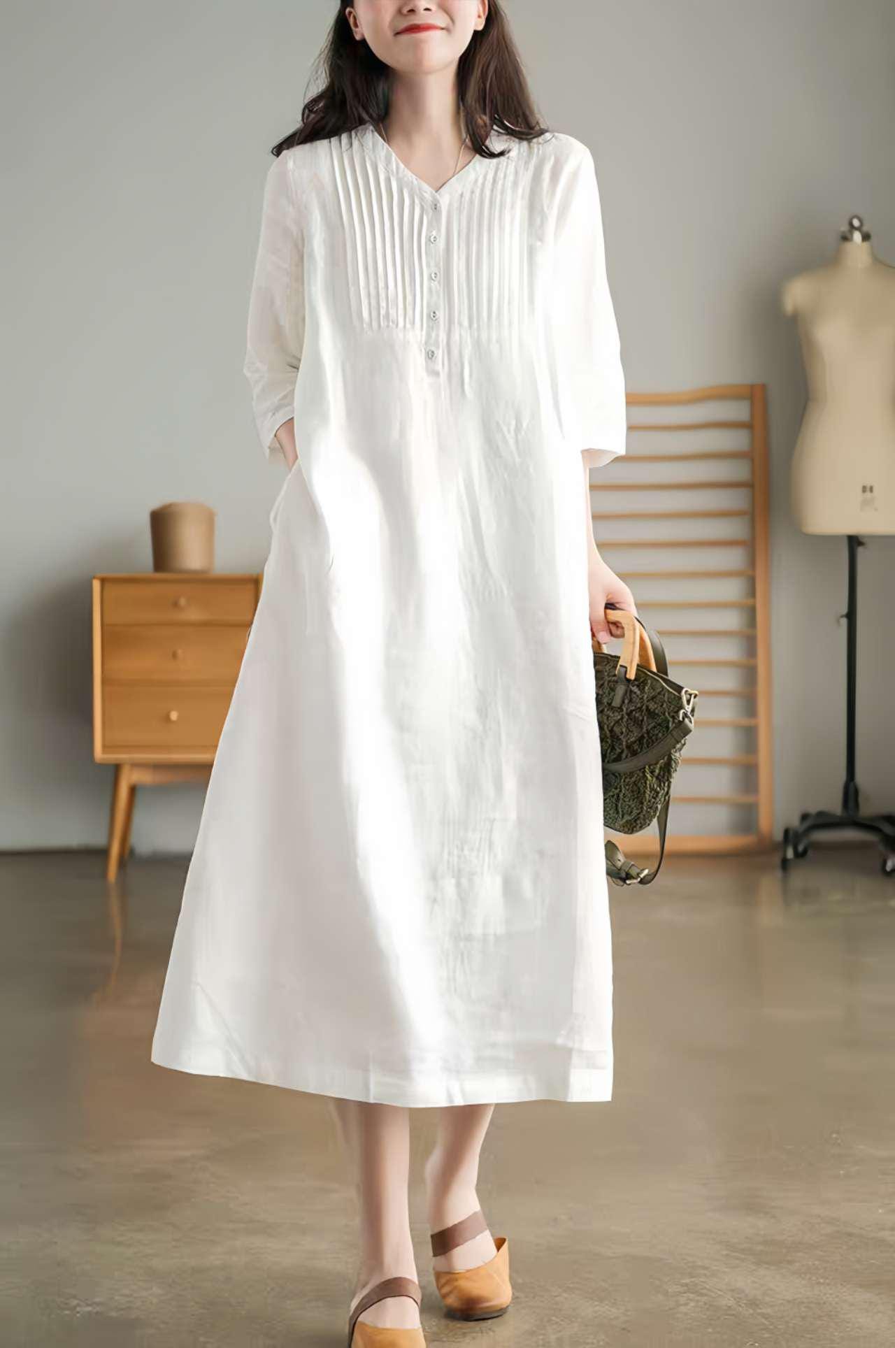 Vestido Plisado de Lino, Vestido Japandi Cuello en V, Ropa Estilo Zen Mori, Vestido de Tejido Natural, Vestido Suelto, Inspiración Japonesa