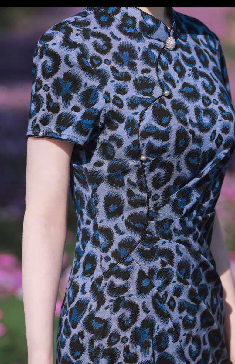 Qipao estampado leopardo, vestido cheongsam azul,vestido de punto qipao,vestido oriental atrevido,vestido mandarín sexy,vestido asiático Y2K