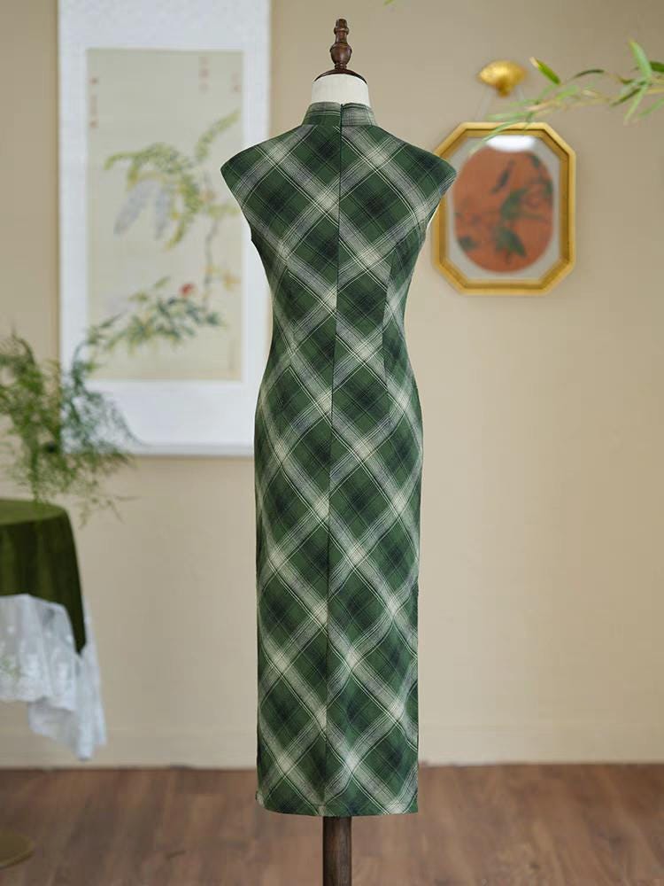 Cheongsam verde a cuadros, Vestido Qipao retro de algodón, Vestido chino vintage, Vestido para Ceremonia del Té, regalo para ella