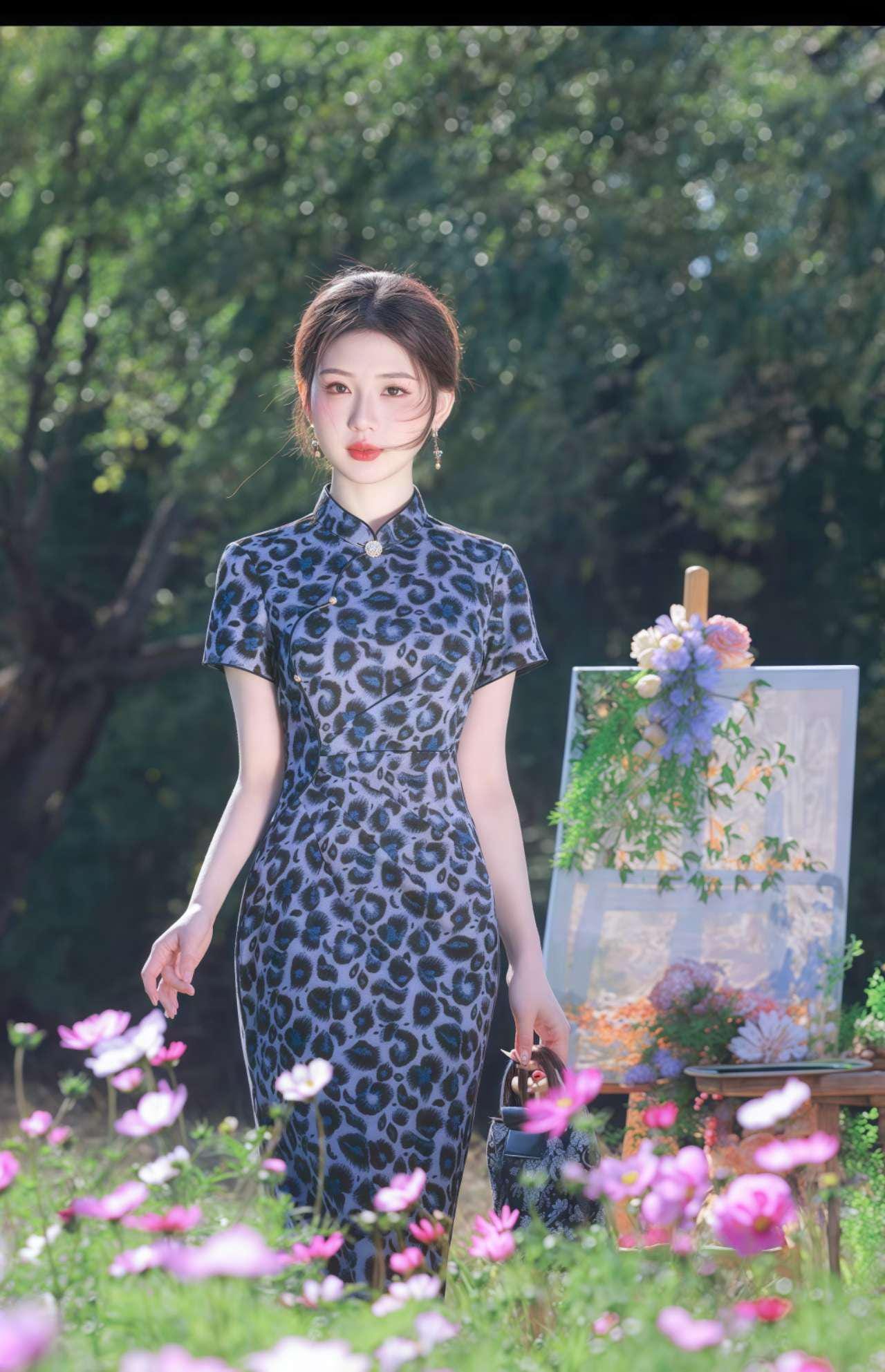Qipao estampado leopardo, vestido cheongsam azul,vestido de punto qipao,vestido oriental atrevido,vestido mandarín sexy,vestido asiático Y2K