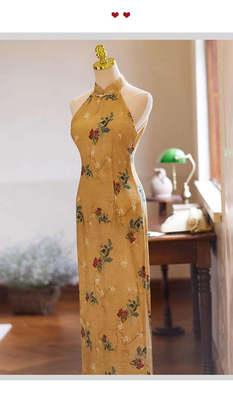 Qipao Vintage de Cuello Halter, Vestido Chino Elegante de Lino y Seda, Cheongsam sin Mangas para Uso Diario, Atuendo Oriental de Verano