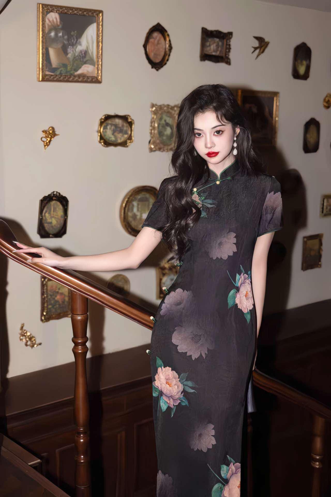 Qipao de raso negro, Elegante Cheongsam floral, Vestido chino vintage, Traje de novia asiático, Ceremonia del Té, Vestido de noche formal