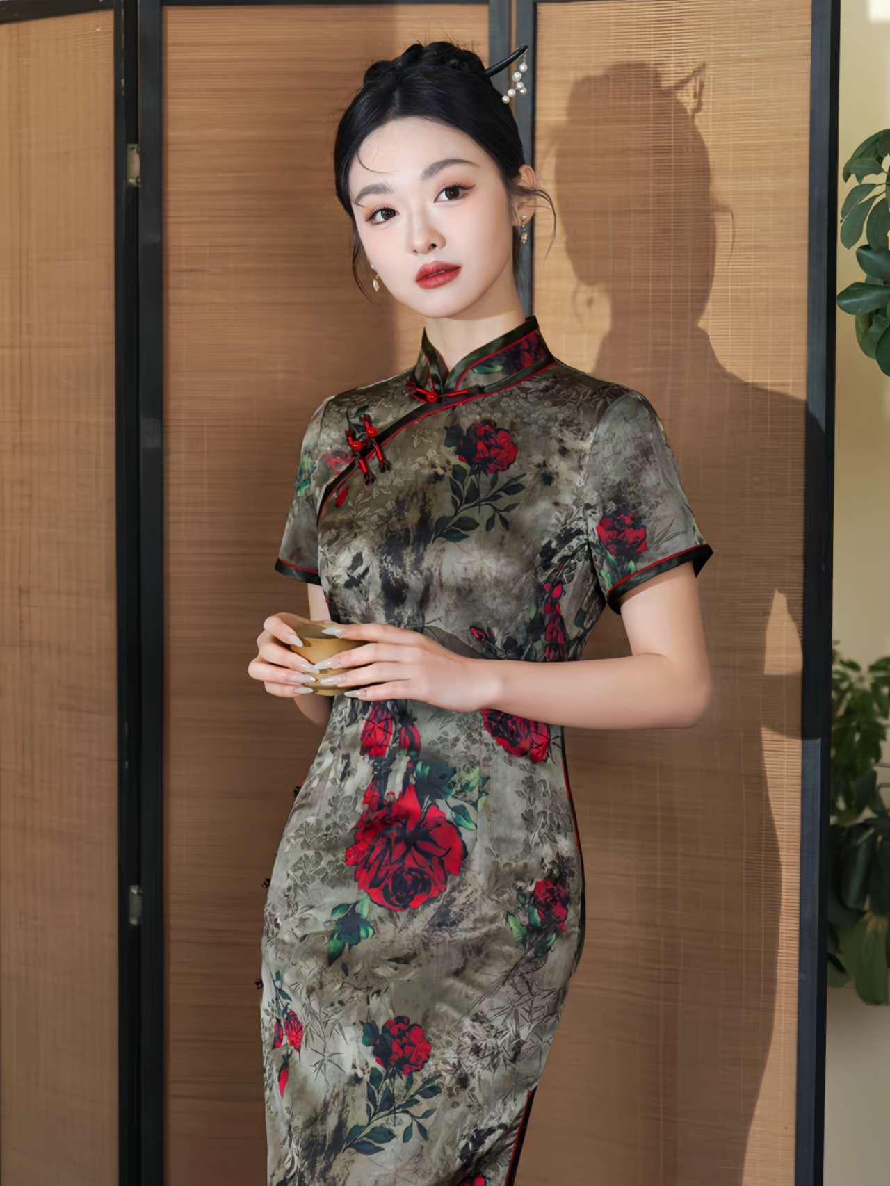 Qipao Rosa Vintage, Elegante Cheongsam Jacquard, Vestido Retro Chino, tallas grandes M-4XL,Vestido para Ceremonia del Té,Regalo para ella