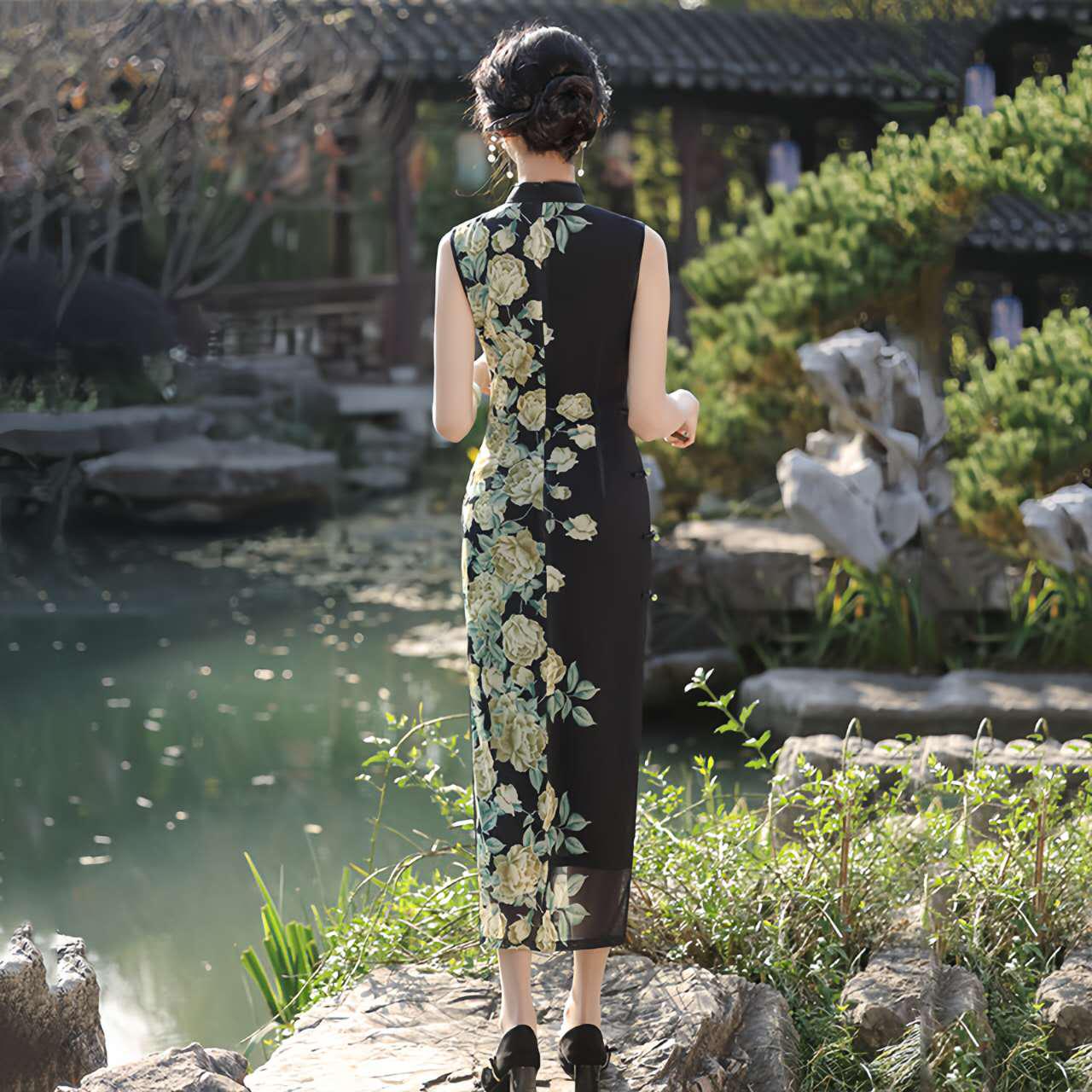 Qipao Floral Sin Mangas – Vestido Cheongsam de Malla Suiza – Elegante Vestido Chino para Fiesta de Té – Moda Asiática Vintage