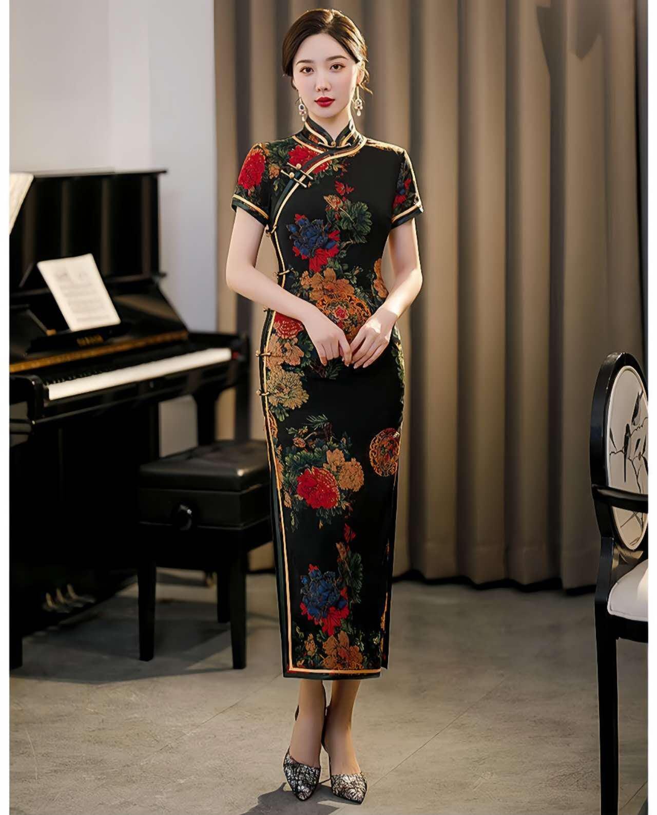qipao elegante negro, vestido vintage oriental, ropa cheongsam fiesta, Vestido Vintage Elegante para Té, regalo madre elegante, retro, M-4XL