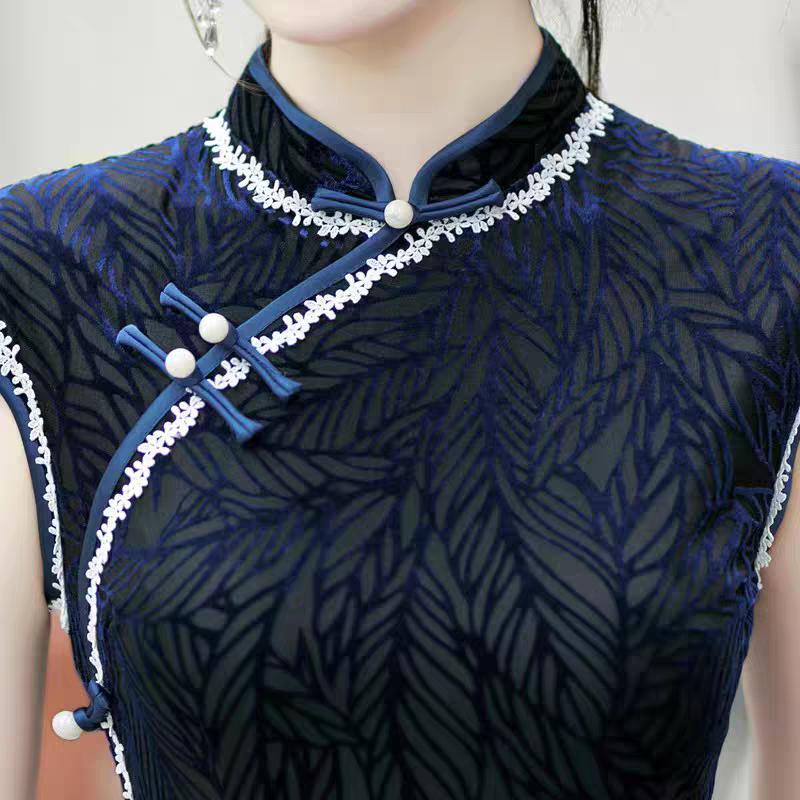 Vestido Qipao Hoja de Terciopelo, Cheongsam Chino Azul Oscuro, Vestido Oriental Vintage, Elegante Qipao de Fiesta, Qipao Retro Clásico