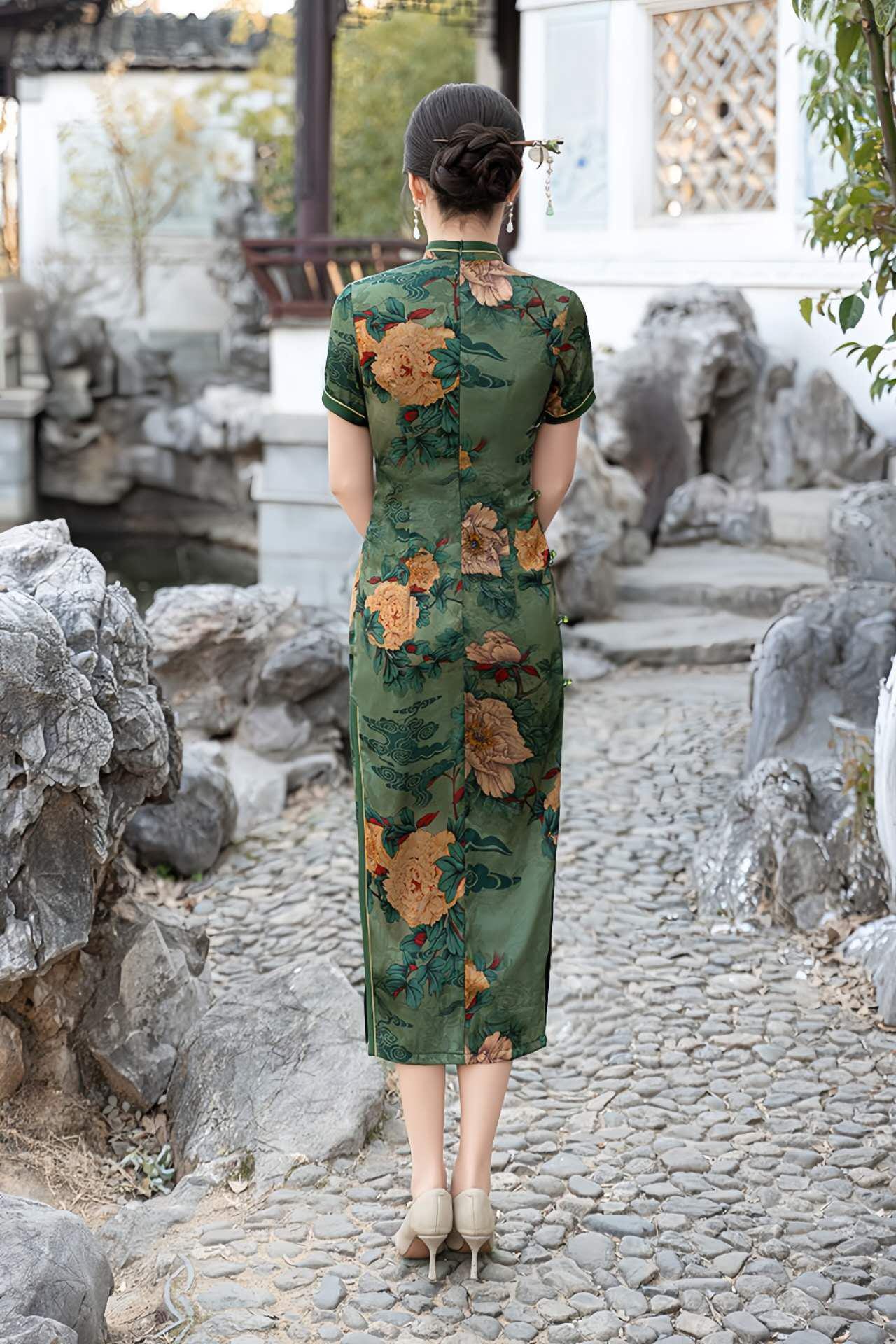 Qipao Floral Verde, Vestido Cheongsam de Seda, Vestido Estampado Peonía,Estilo Retro Chino, Vestido Qipao Clásico, Ceremonia del Té, regalo