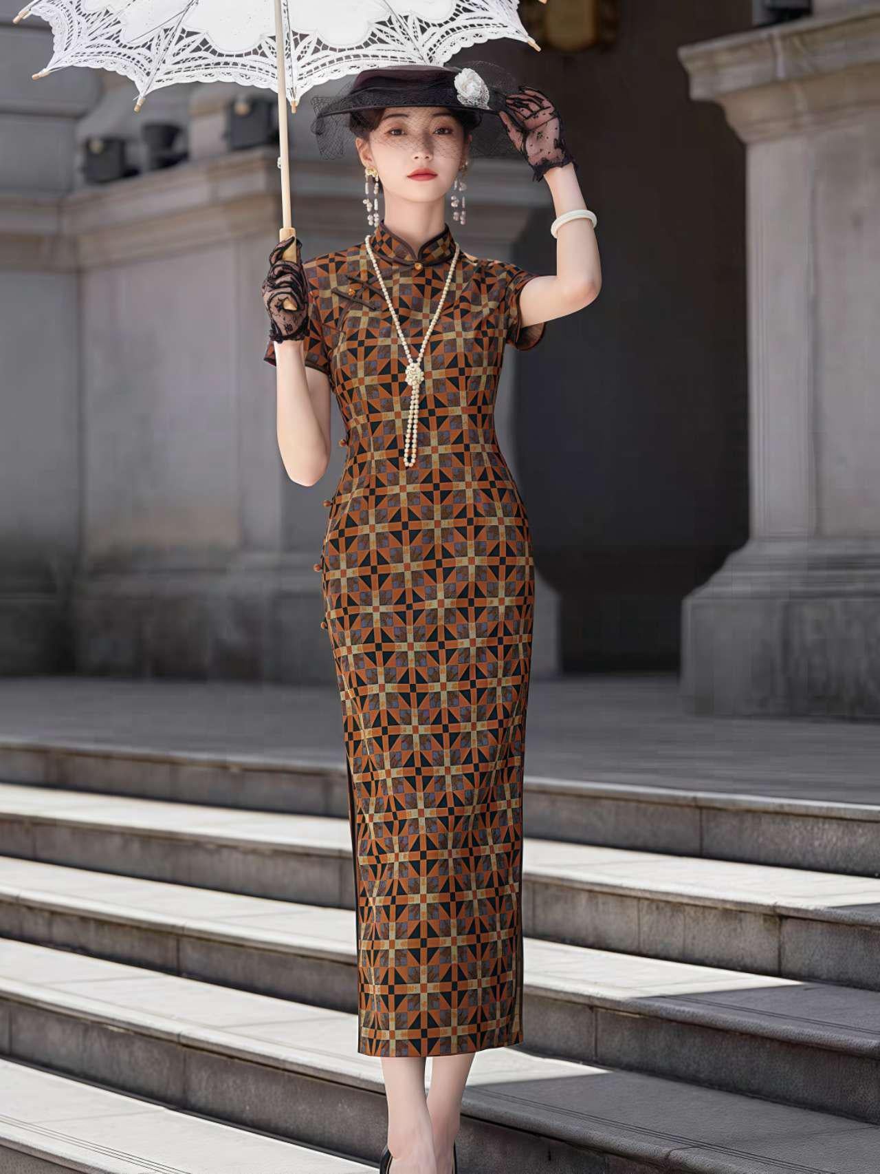 Vestido Qipao Vintage,Vestido Cheongsam Retro,Vestido de Raso Chino,Qipao Estilo Años 20,Cheongsam Estampado Geométrico,Vestido Chino Gatsby