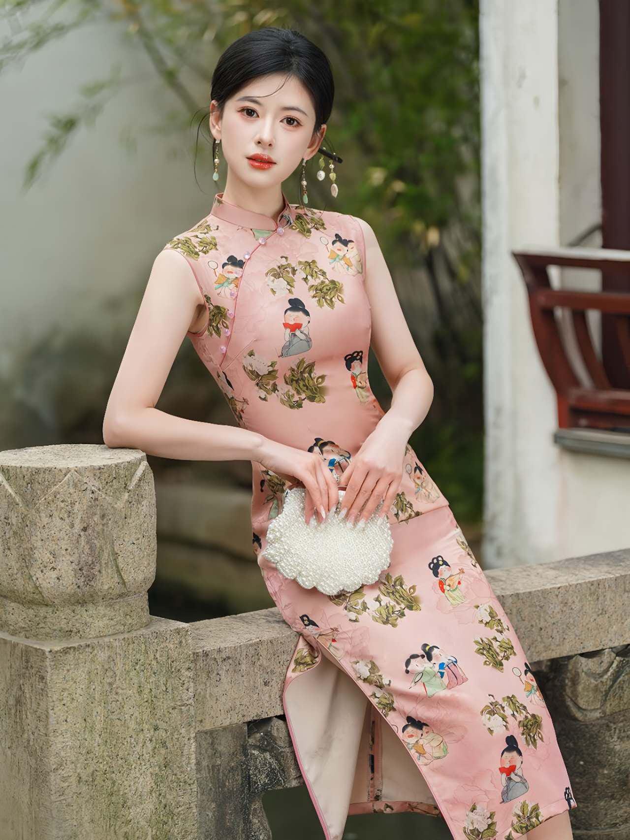 Cheongsam Rosa, Qipao Vintage Lady Print, Vestido Cultural Chino, Qipao Inspirado en Hanfu, Vestido para Ceremonia del Té, regalo para ella