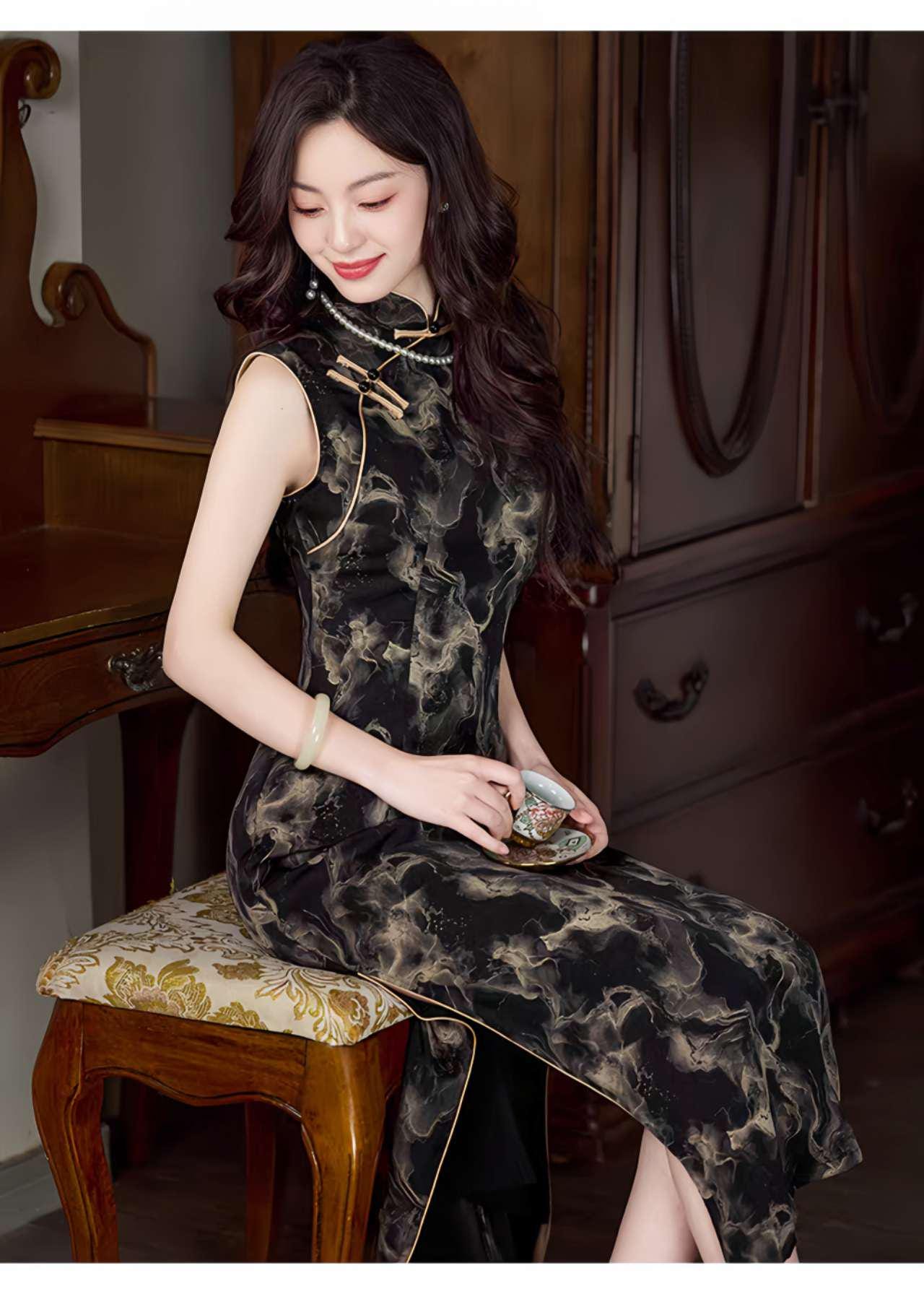 Cheongsam negro, Vestido de noche chino vintage, Regalo para ella, Vestido de cóctel oriental, Qipao formal, Vestido para Ceremonia del Té