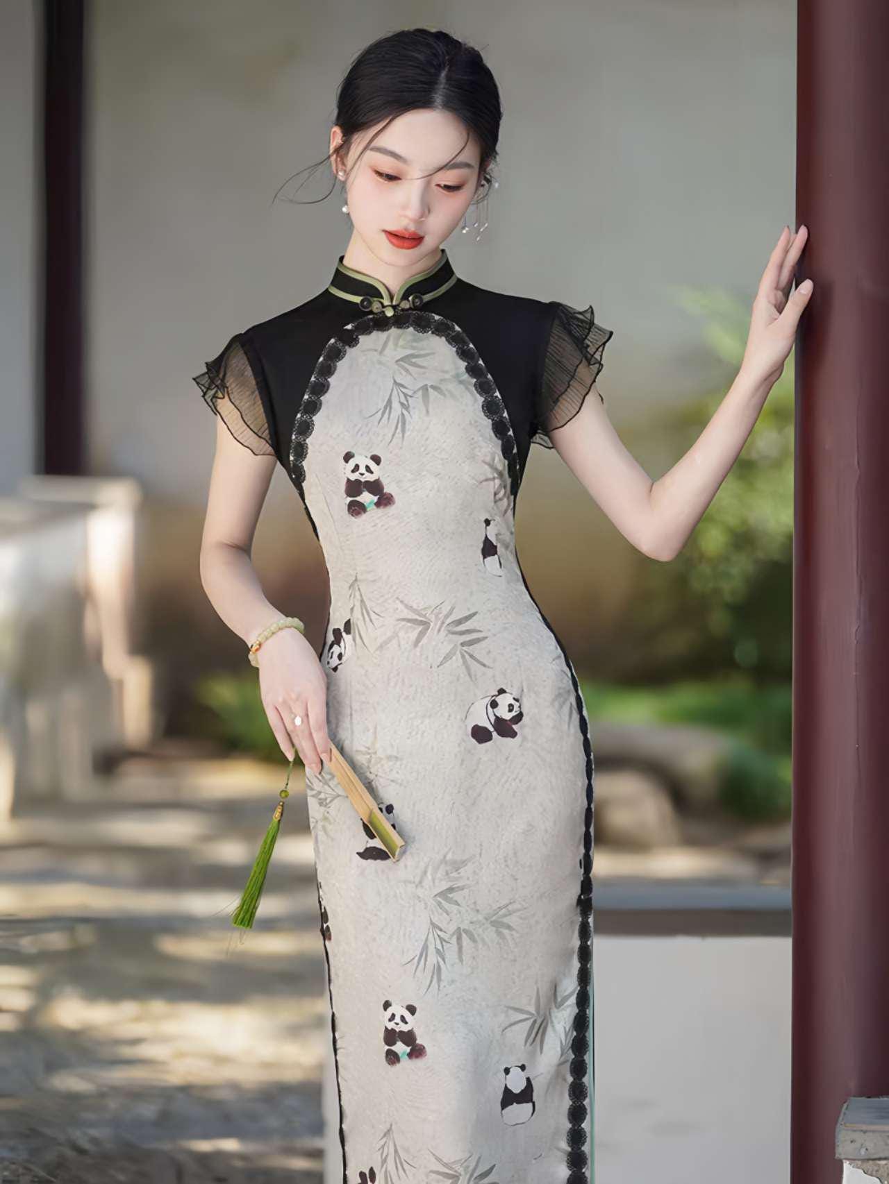 Elegante vestido de panda, Vestido de verano de estilo asiático, Qipao de manga fluida, Qipao con estampado de animales, regalo para ella