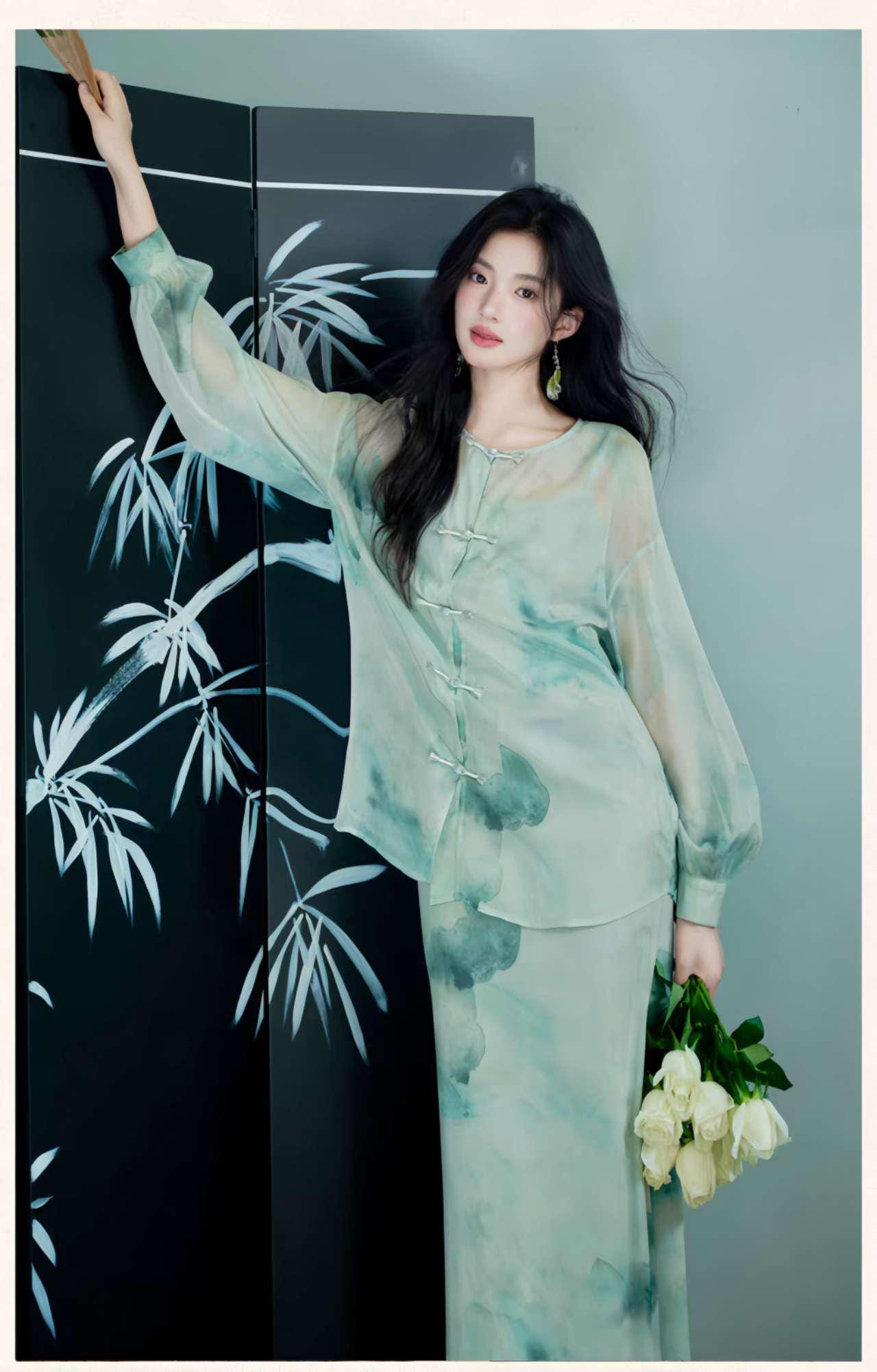 Elegante Conjunto Dos Piezas,Vestido Estilo Zen,Moderno Conjunto Hanfu,Conjunto Verano Oficina,Vestido Asiático Minimalista,Ceremonia del Té