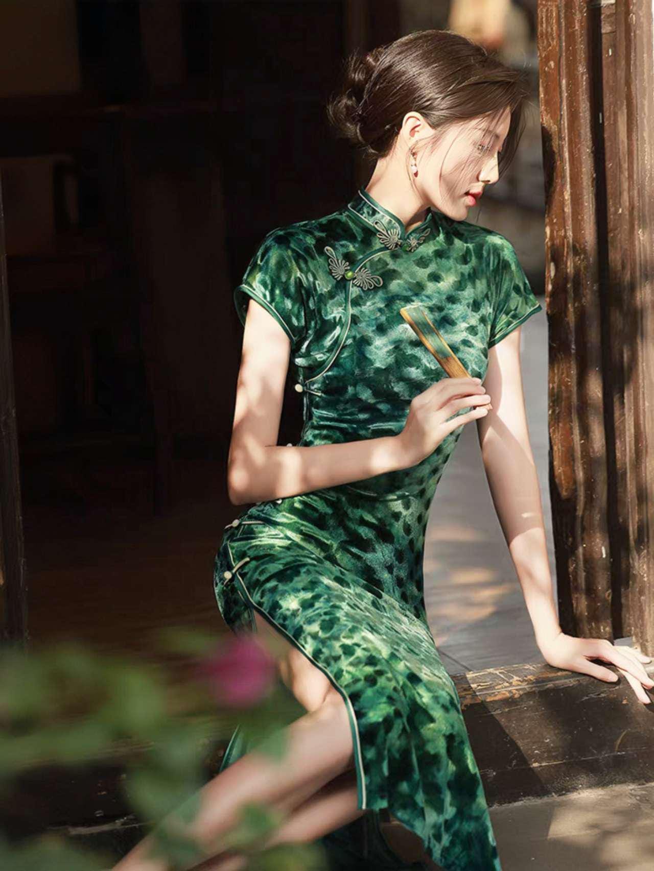 Vestido Qipao Verde Terciopelo,Cheongsam Retro para Mujer,Vestido de Fiesta Inspirado en el Antiguo Shangai,Vestido Vintage Elegante para Té