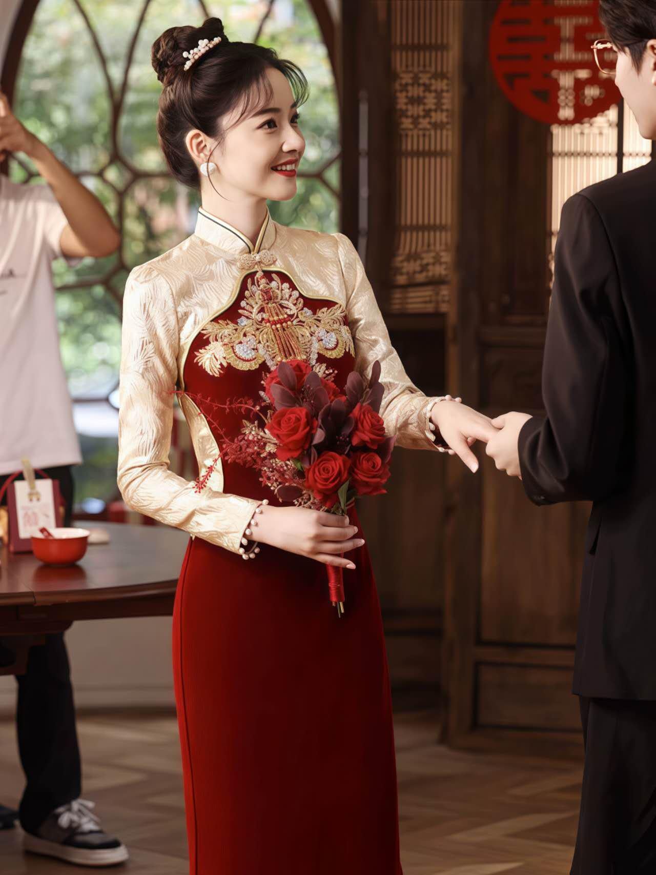 Qipao Rojo Vino, Vestido de Novia Cheongsam, Vestido Tradicional para la Ceremonia del Té, Vestido de Compromiso Chino,Traje Formal Asiático