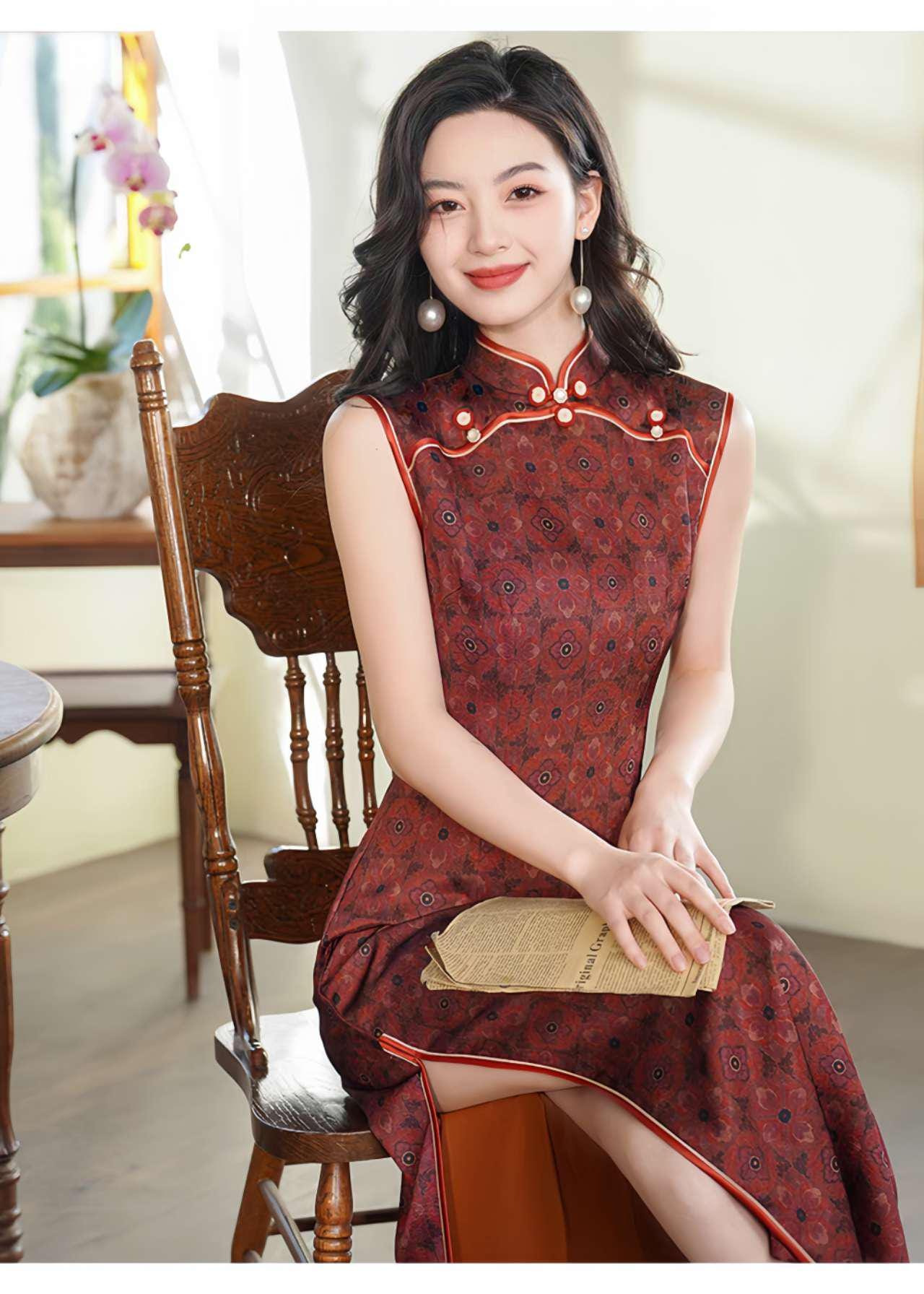 Vestido Qipao rojo, Cheongsam retro, Elegante vestido chino, Traje oriental vintage, Moda asiática tradicional,Vestido para Ceremonia del Té