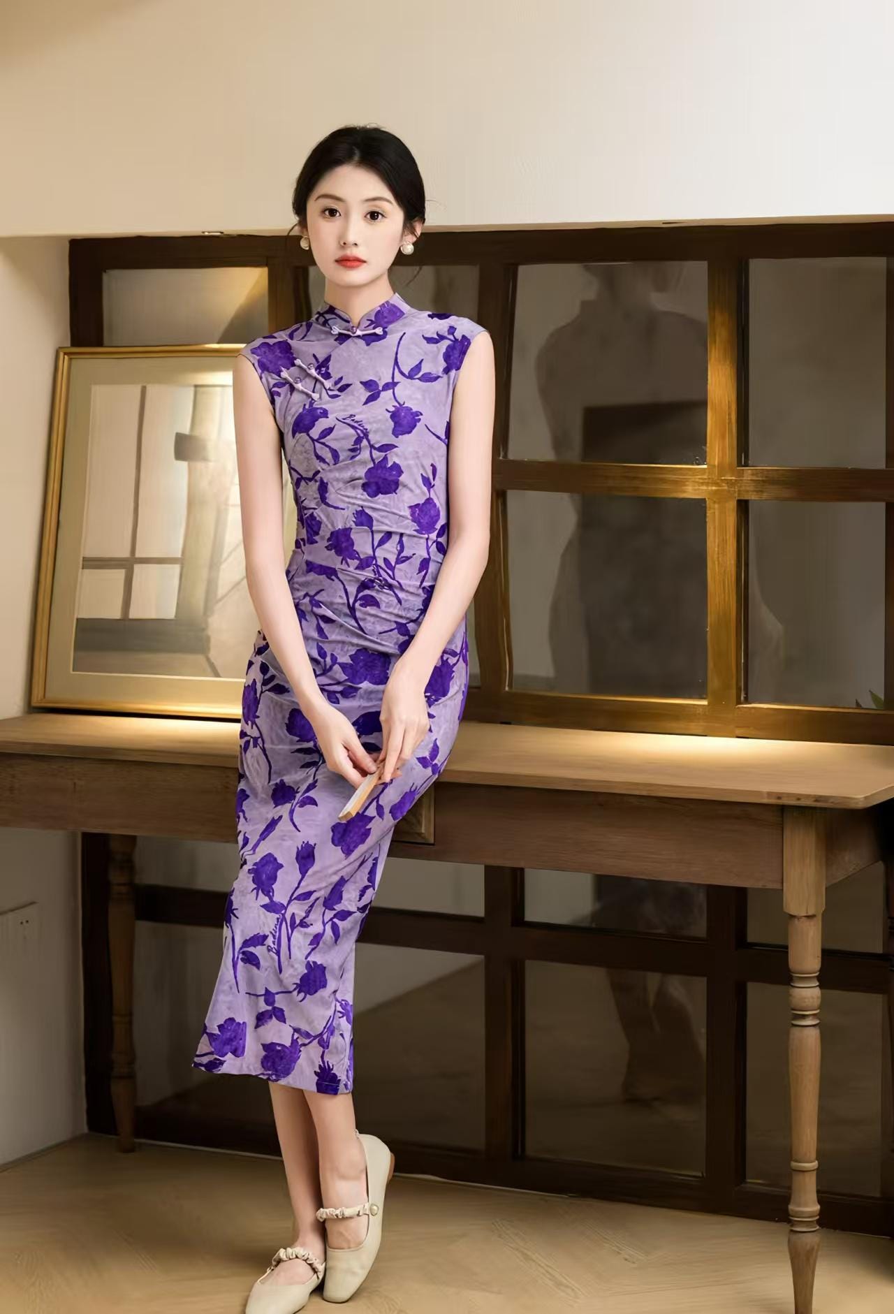 Vestido Cheongsam Floral Púrpura, Elegante Qipao Chino, Midi Oriental Vintage, Repleto, Traje Formal Cultural, Noche Estilo Retro Asiático