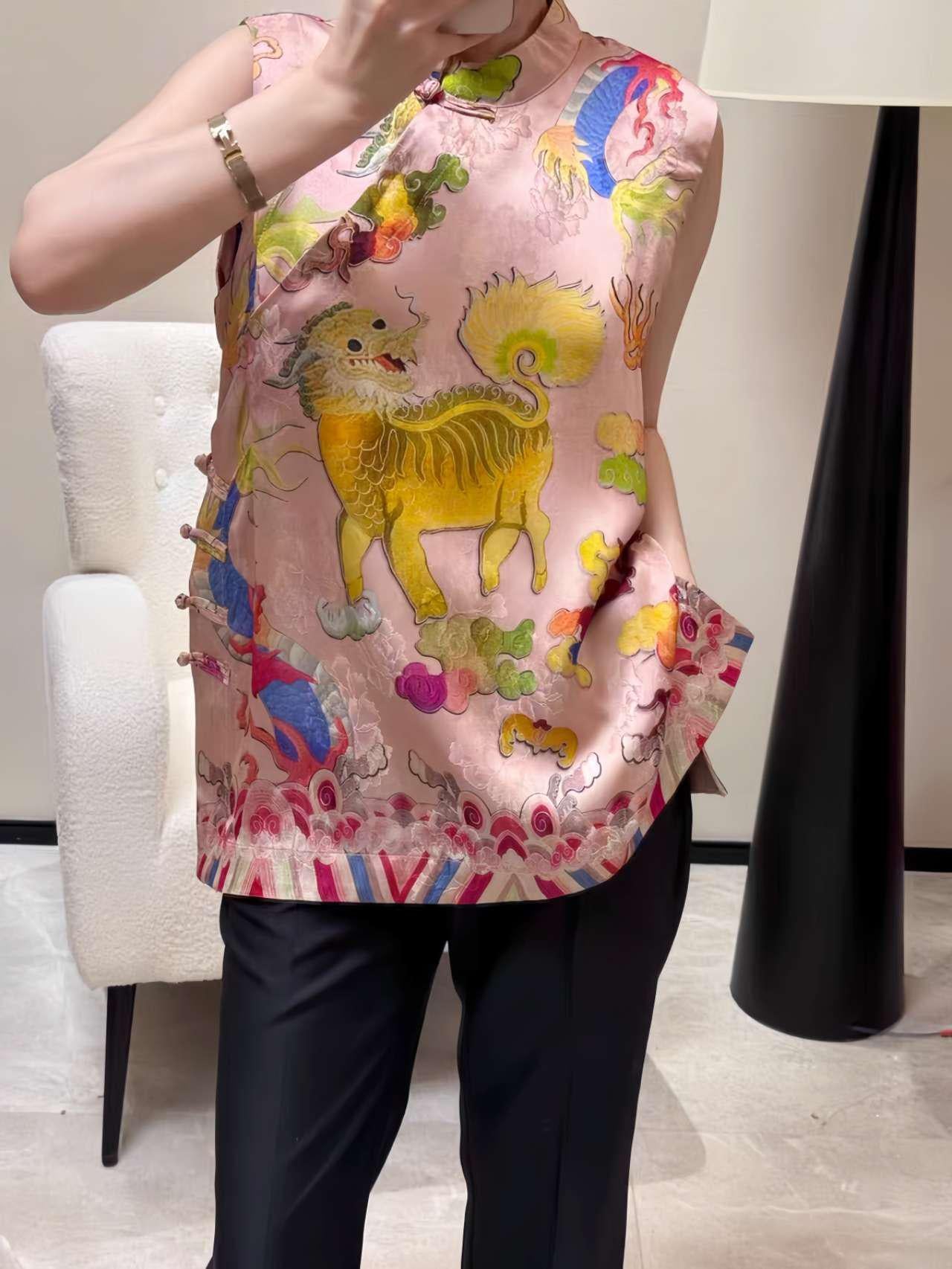 Top de Seda Qilin, Chaleco Bestia Mítica, AoDai Dinero Viejo, Blusa Vintage, Regalo Único para Ella,Trabajo diario/Ceremonia del té,vintage