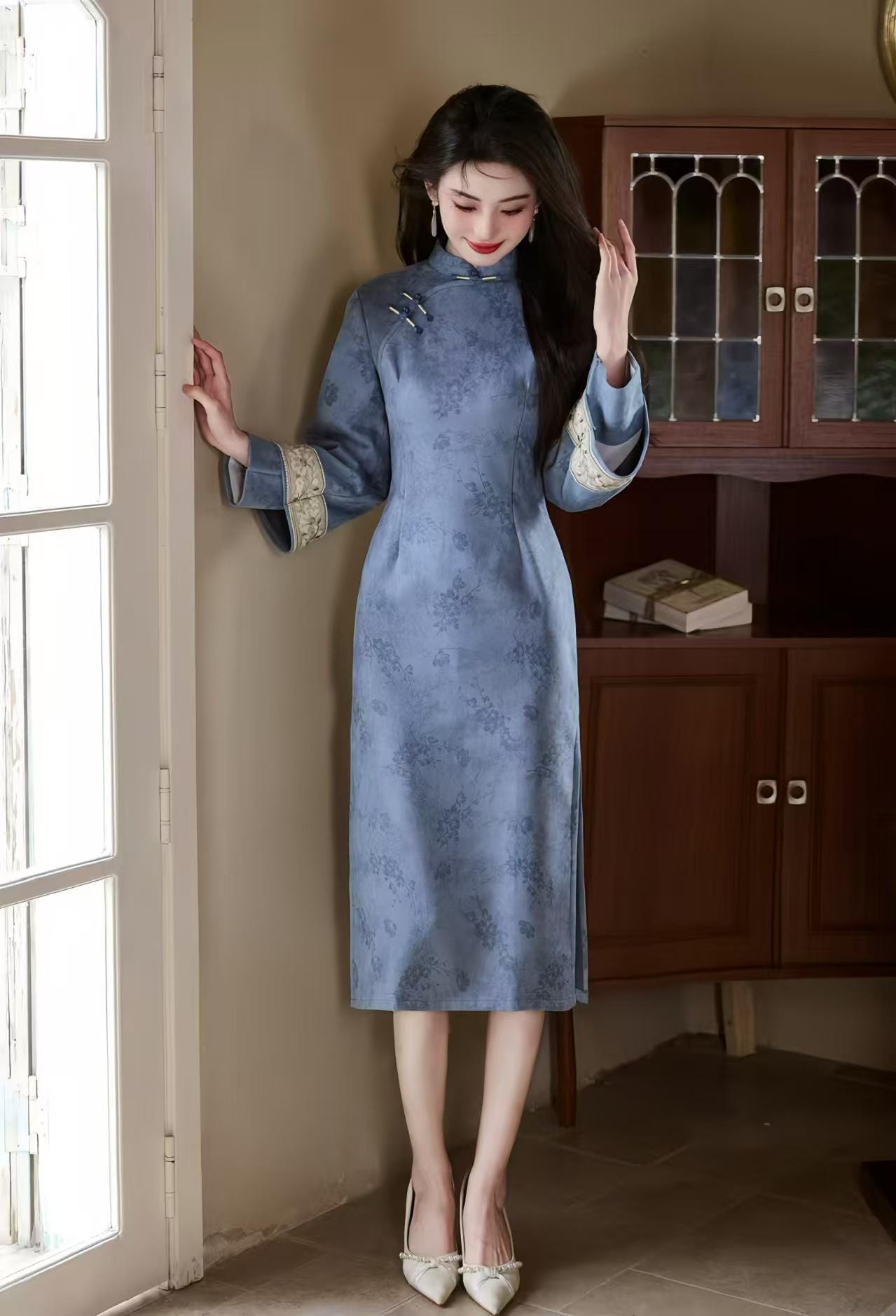 Printed Velvet Qipao, Two-Tone Cheongsam Dress, Elegant Oriental Midi Dress, Retro Chinese Autumn Dress, Pink Blue Party, Gift