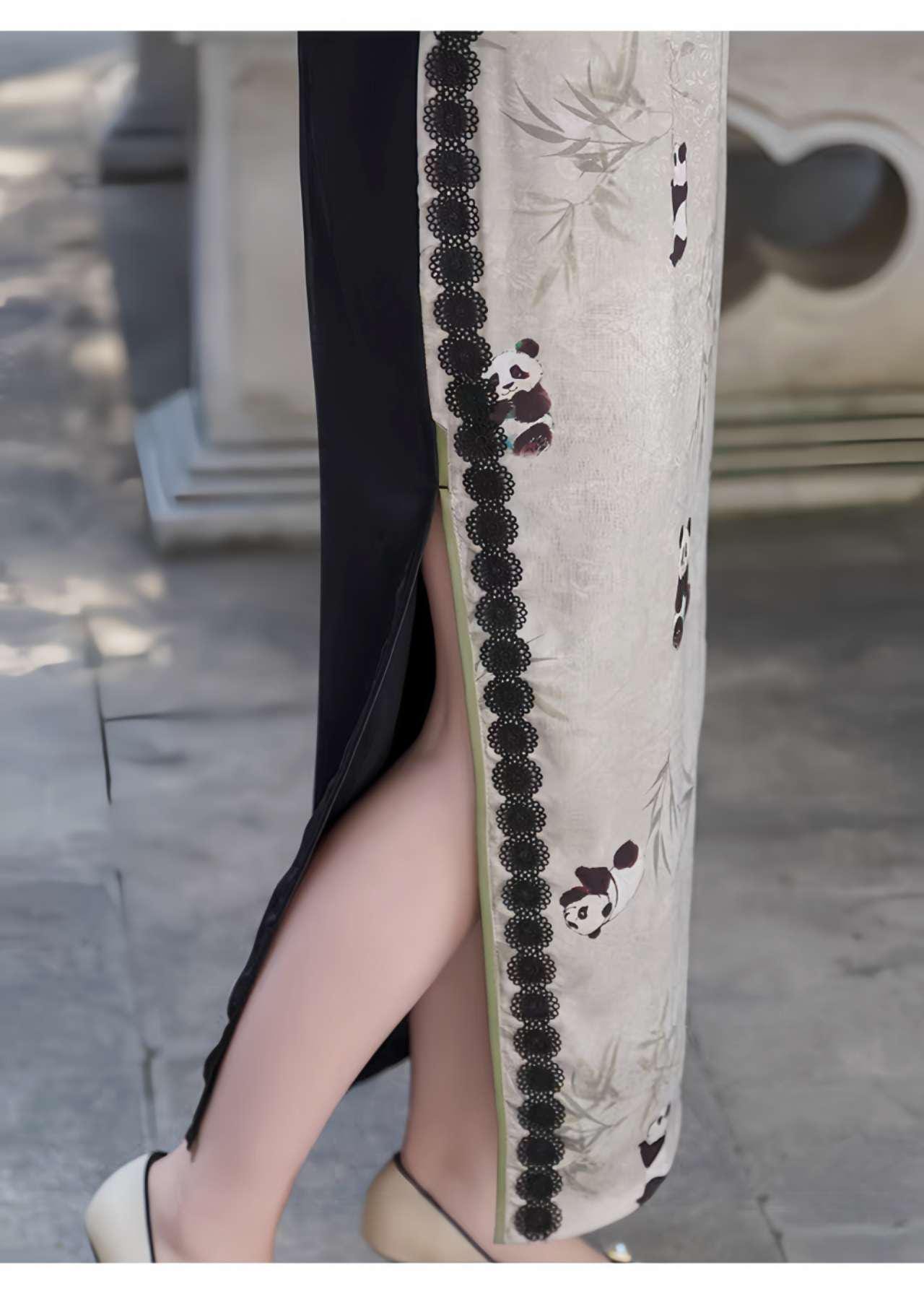 Elegante vestido de panda, Vestido de verano de estilo asiático, Qipao de manga fluida, Qipao con estampado de animales, regalo para ella