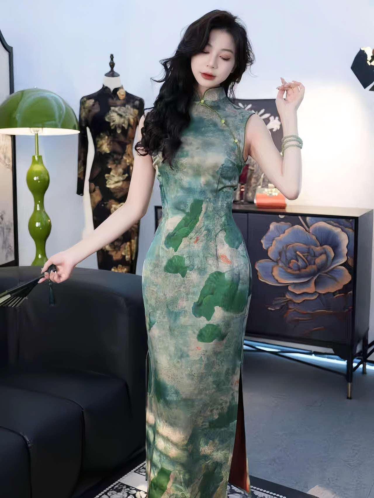 Vestido Qipao Verde Inspirado en la Naturaleza,Elegante Cheongsam Asiático para Mujer, Sereno Cheongsam de verano, estampado de loto