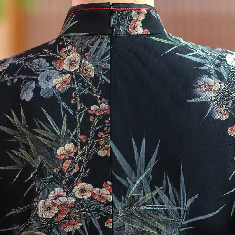 Vestido AoDai Qipao, Cheongsam Floral Oriental, Elegante Vietnamita, Chino Moderno, Mangas Transparentes,Cultural Asiático,Flores de Bambú