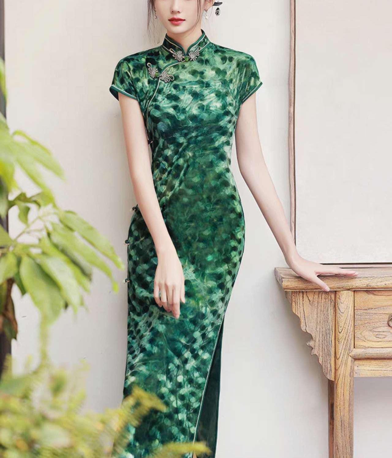 Vestido Qipao Verde Terciopelo,Cheongsam Retro para Mujer,Vestido de Fiesta Inspirado en el Antiguo Shangai,Vestido Vintage Elegante para Té