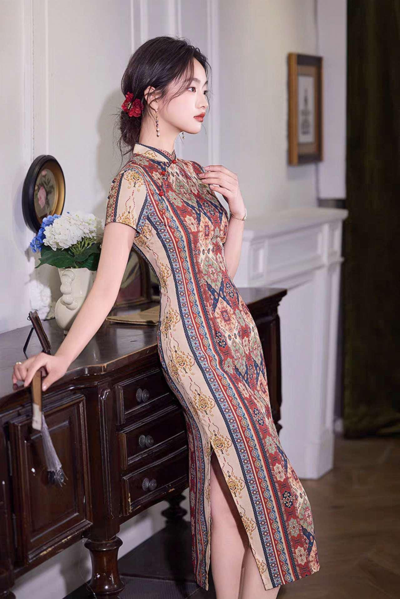 cheongsam retro para mujer, vestido chino étnico, vestido qipao bohemio, regalo elegante para mamá, Vestido Vintage Elegante para Té